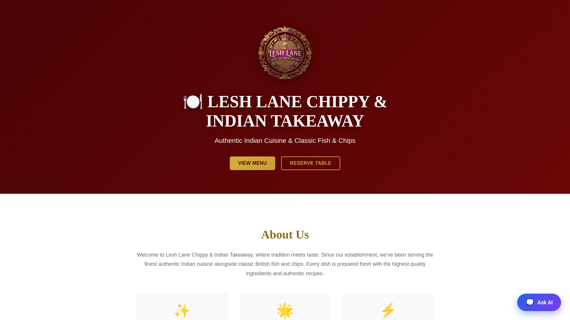 website screenshot of https://leshlanechippyandindiantakeaway.com/