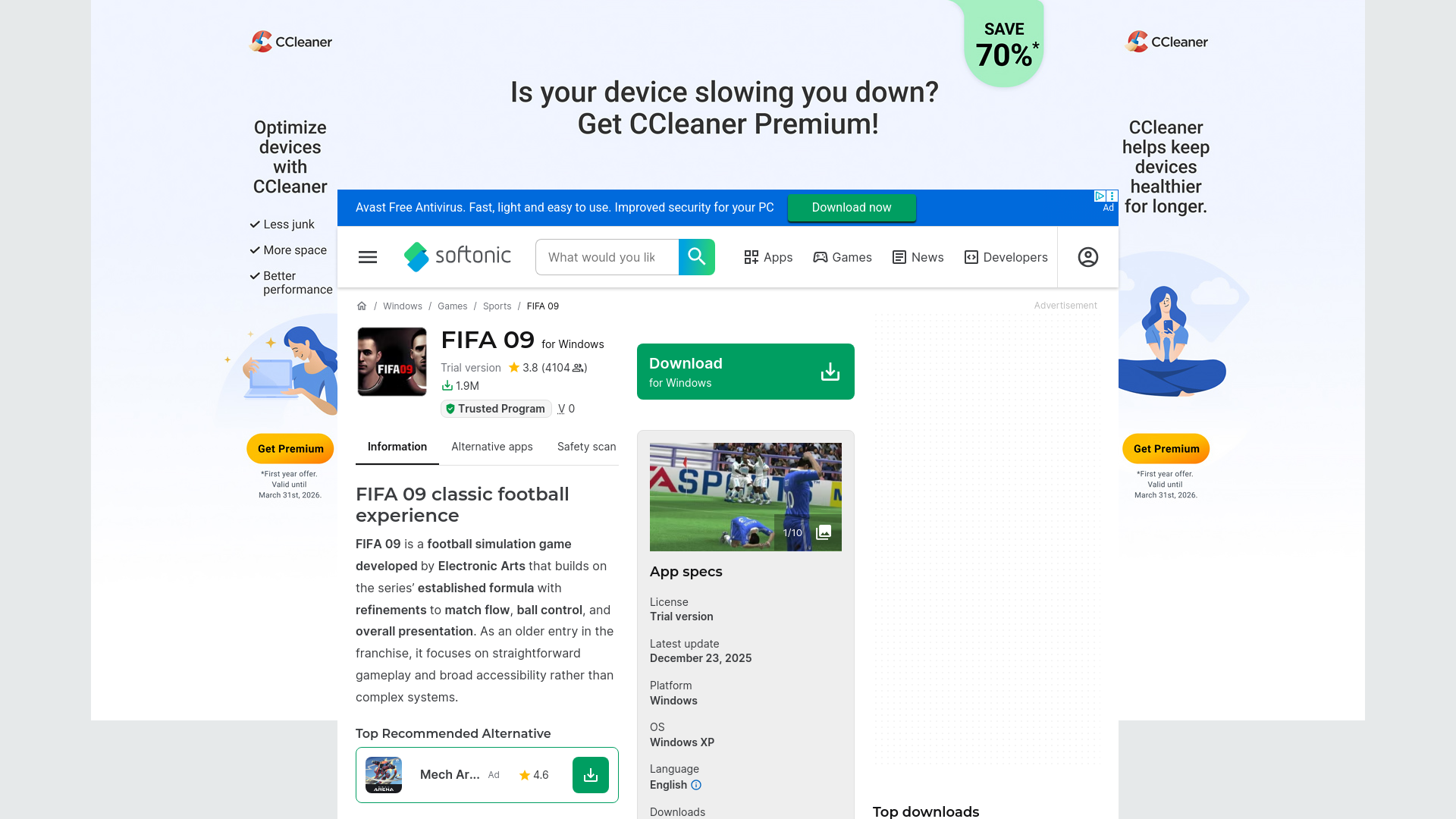 website screenshot of https://fifa-09.en.softonic.com/