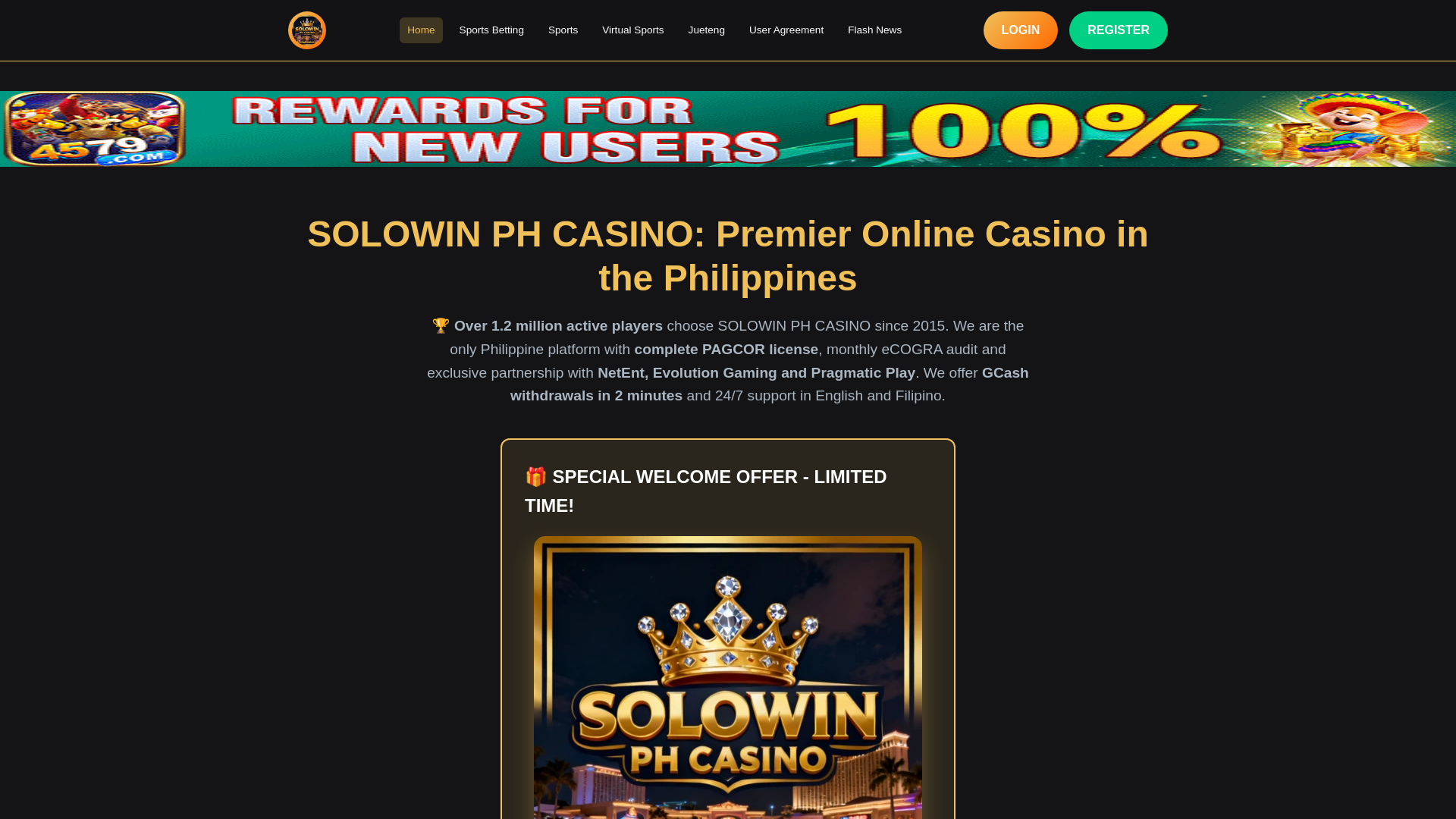 website screenshot of https://solowinphcasino.com