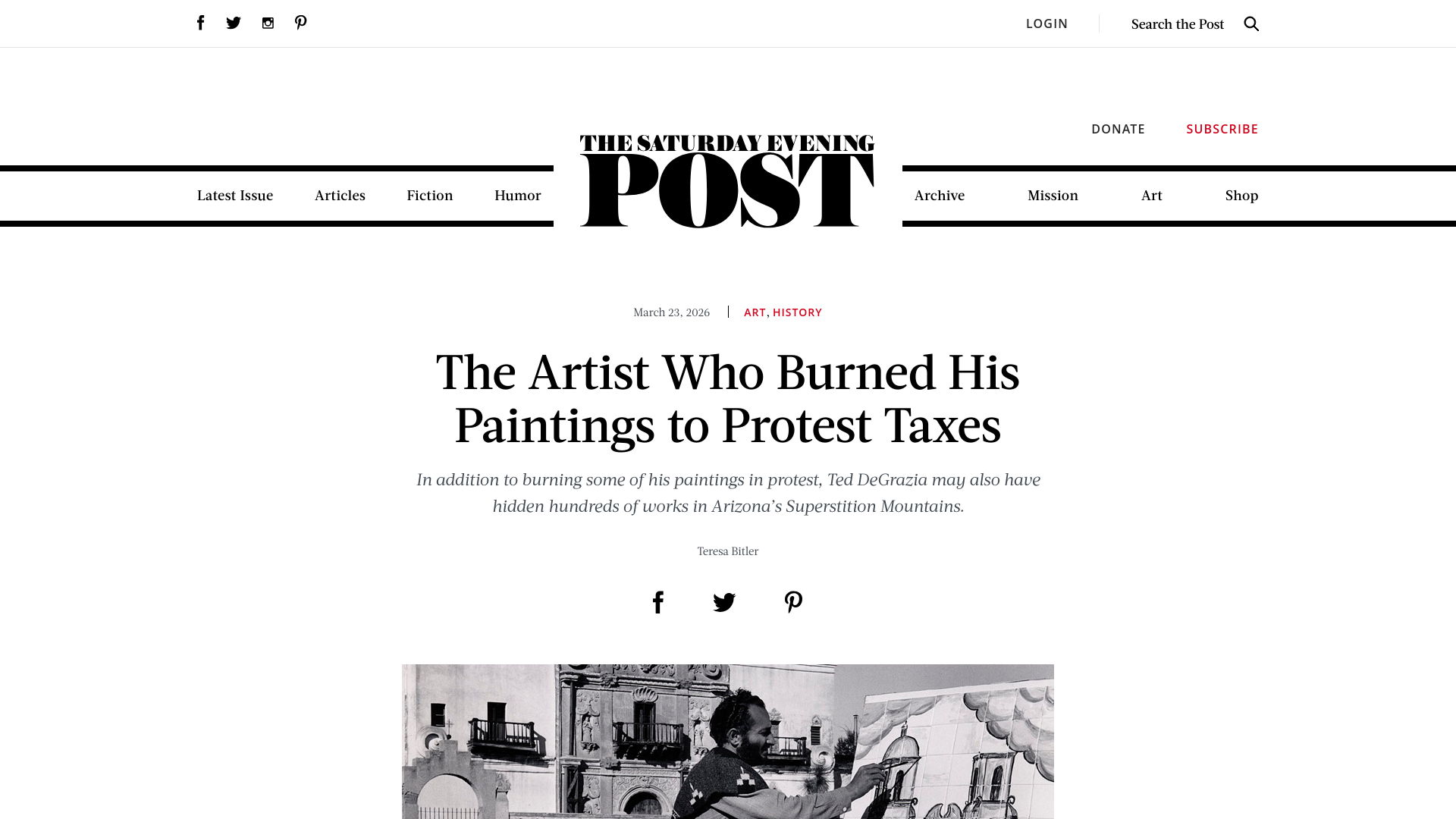 website screenshot of https://www.saturdayeveningpost.com/2026/03/the-artist-who-burned-his-paintings-to-protest-taxes/
