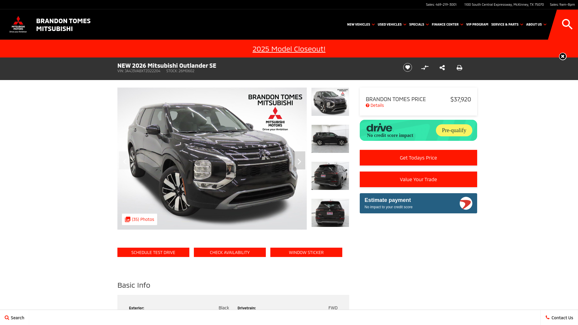 website screenshot of https://www.brandontomesmitsubishi.com/inventory/new-2026-mitsubishi-outlander-se-fwd-4d-sport-utility-ja4j3vabxtz022204/?store={store_code}