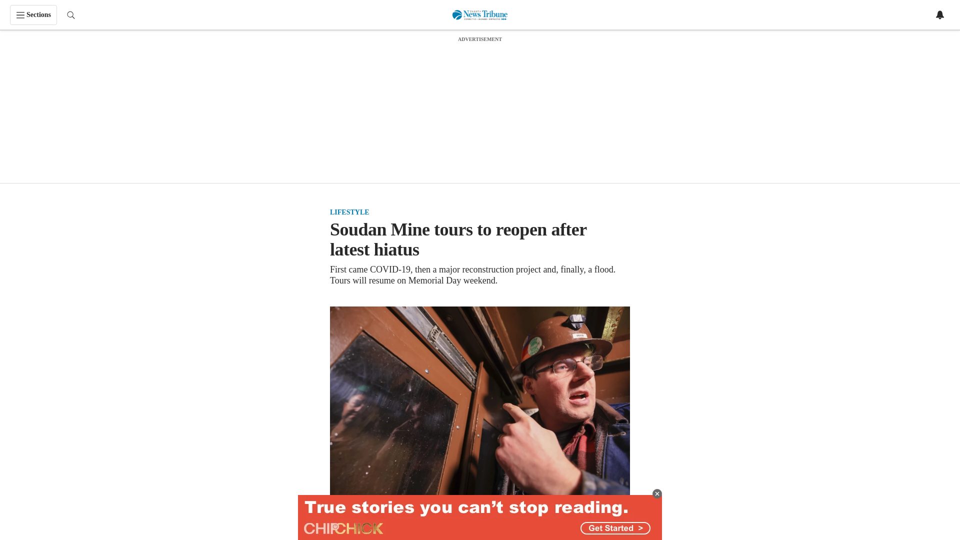 website screenshot of https://www.duluthnewstribune.com/lifestyle/soudan-mine-tours-to-reopen-after-latest-hiatus