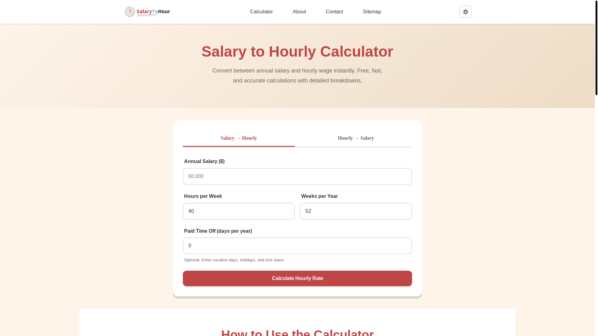 website screenshot of https://salarytohour.com/