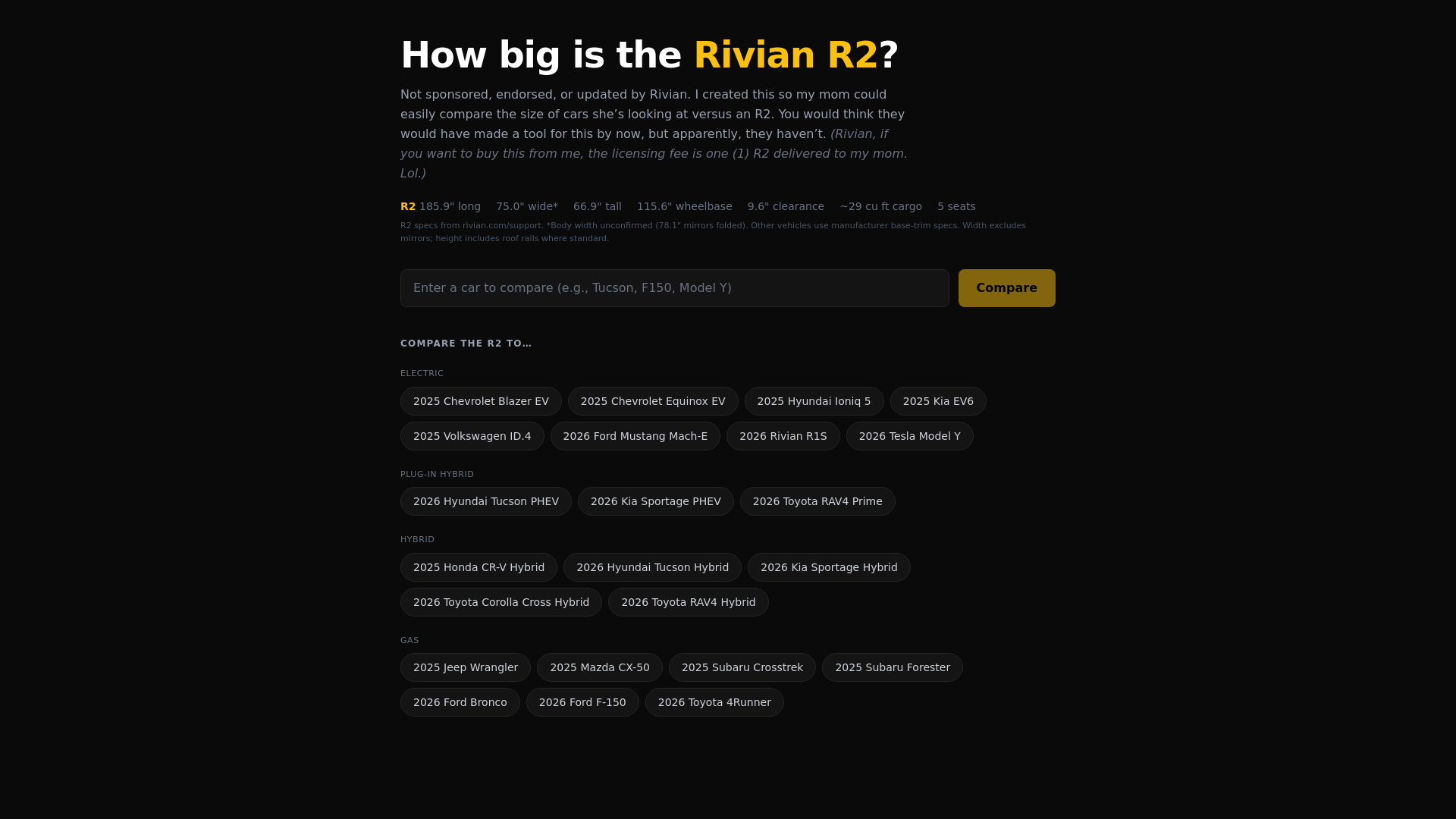 website screenshot of https://rivian-r2-compare.pages.dev/