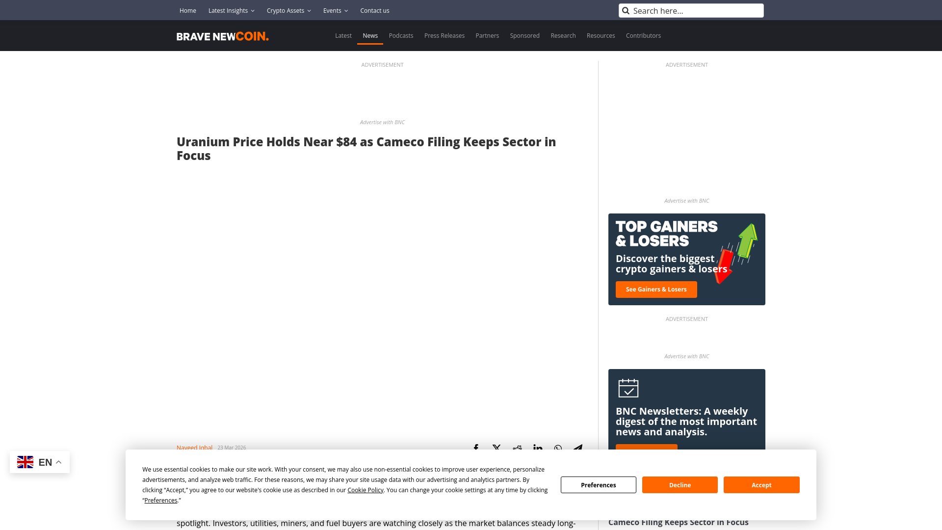 website screenshot of https://bravenewcoin.com/insights/uranium-price-holds-near-84-as-cameco-filing-keeps-sector-in-focus