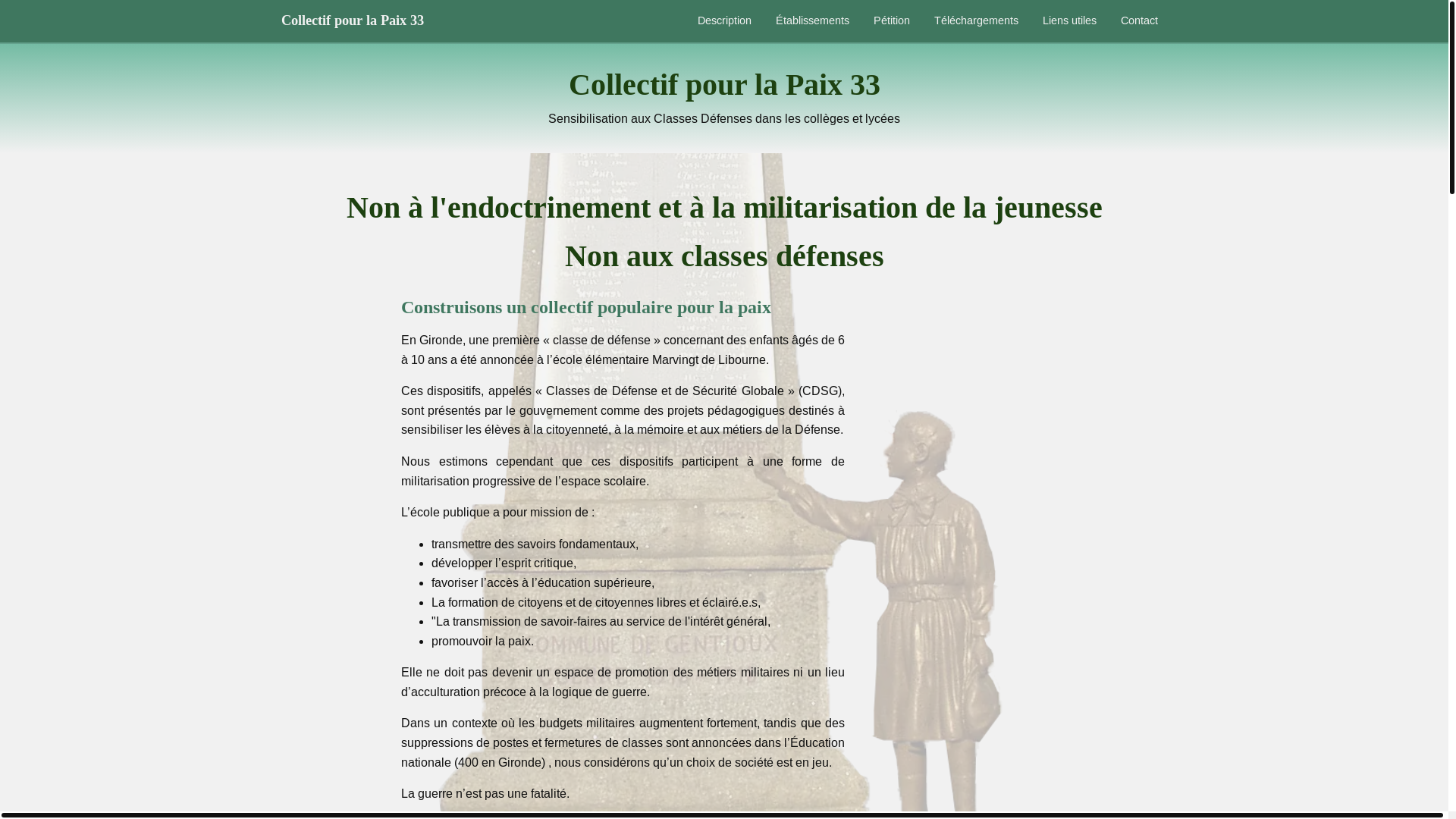 website screenshot of https://collectifpourlapaix33.fr/