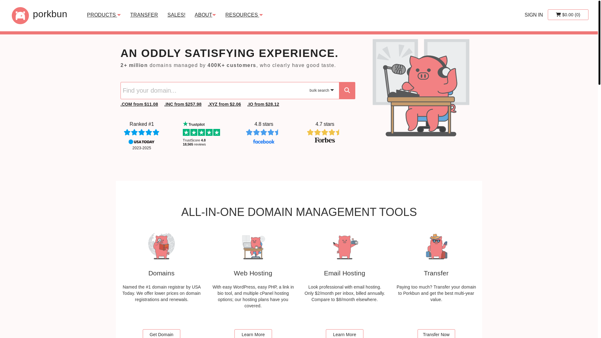 website screenshot of https://porkbun.com/