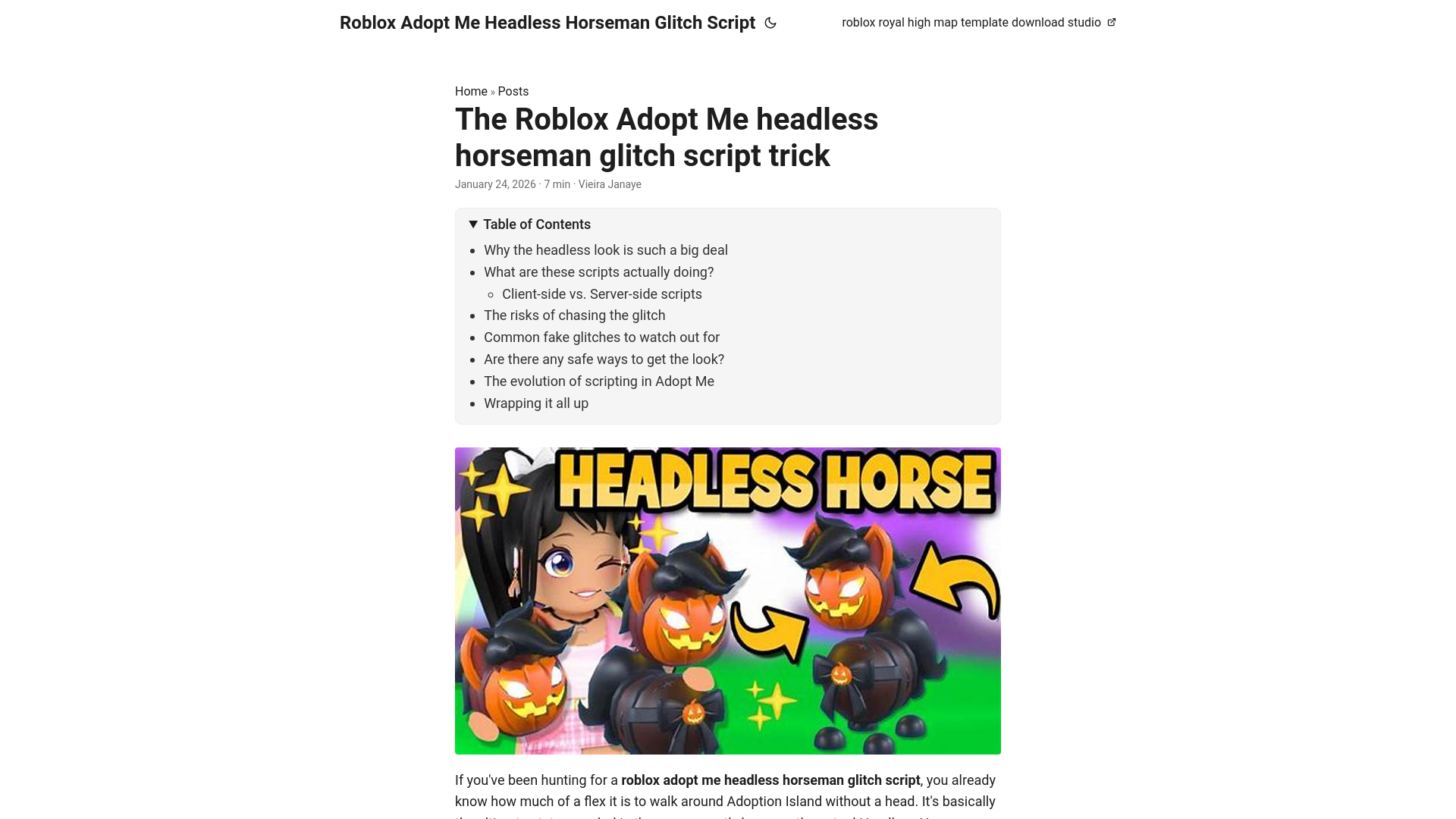 website screenshot of https://roblox-adopt-me-headless-horseman-glitch-script.pages.dev/
