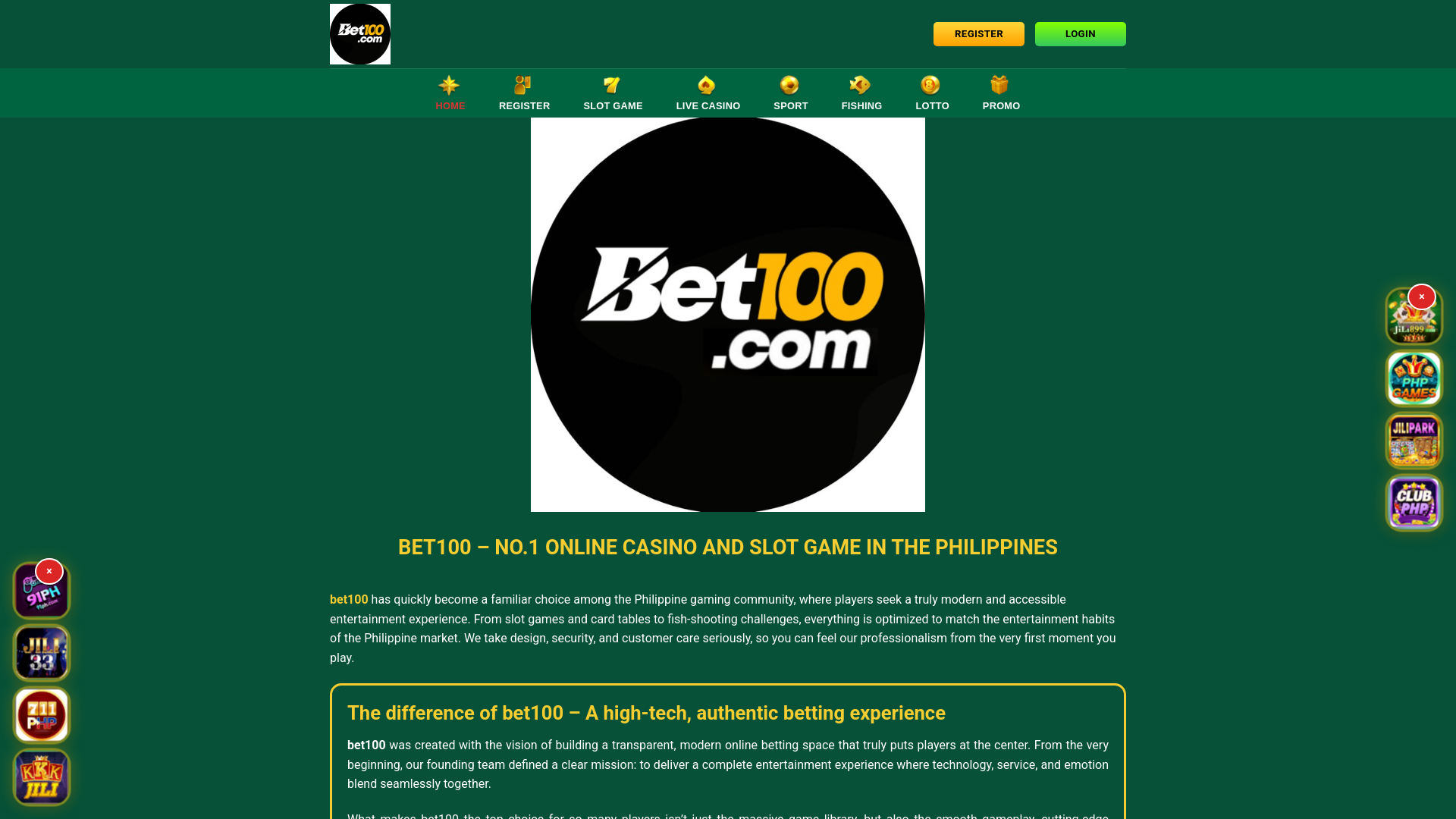 website screenshot of https://bet100po.com