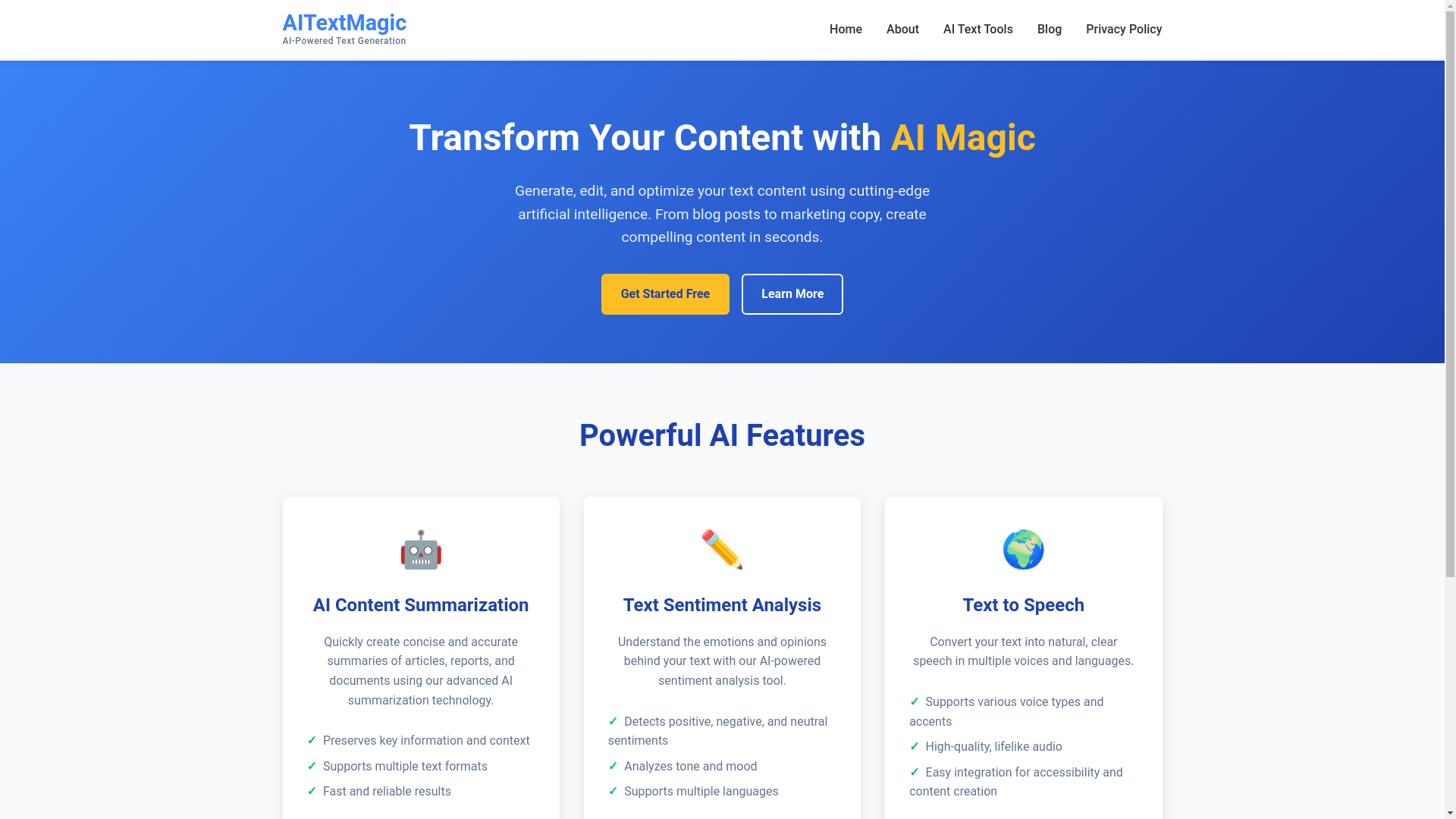 website screenshot of https://aitextmagic.com/