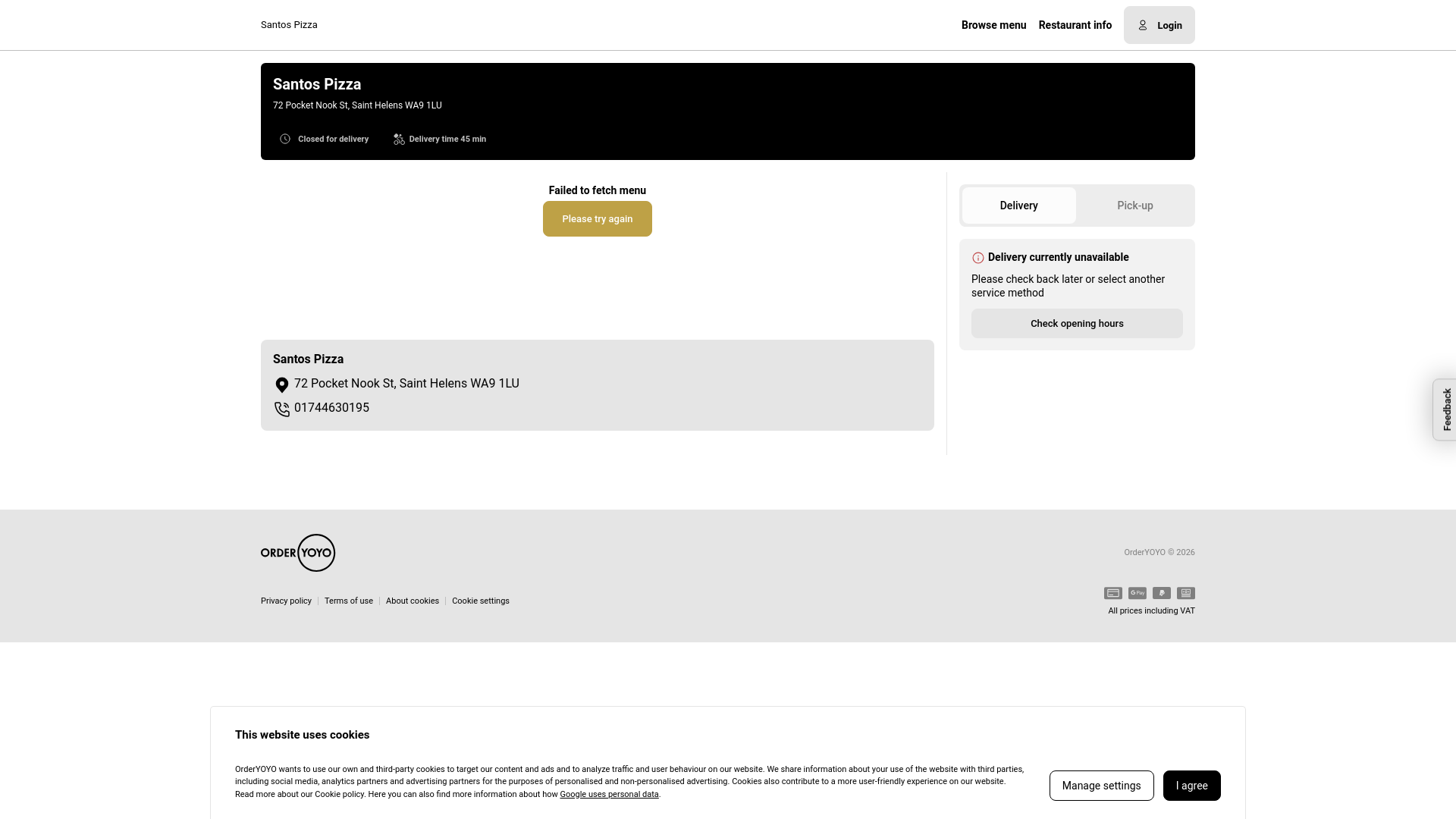 website screenshot of https://ordersantospizza.co.uk/