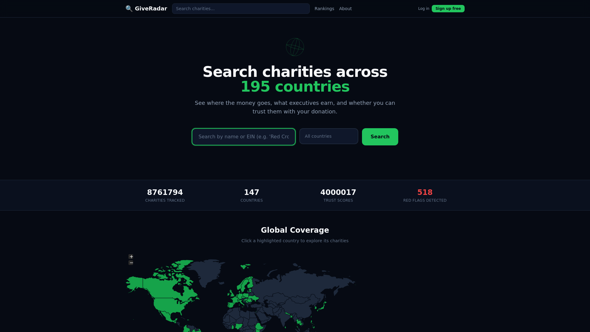 website screenshot of https://giveradar.com/