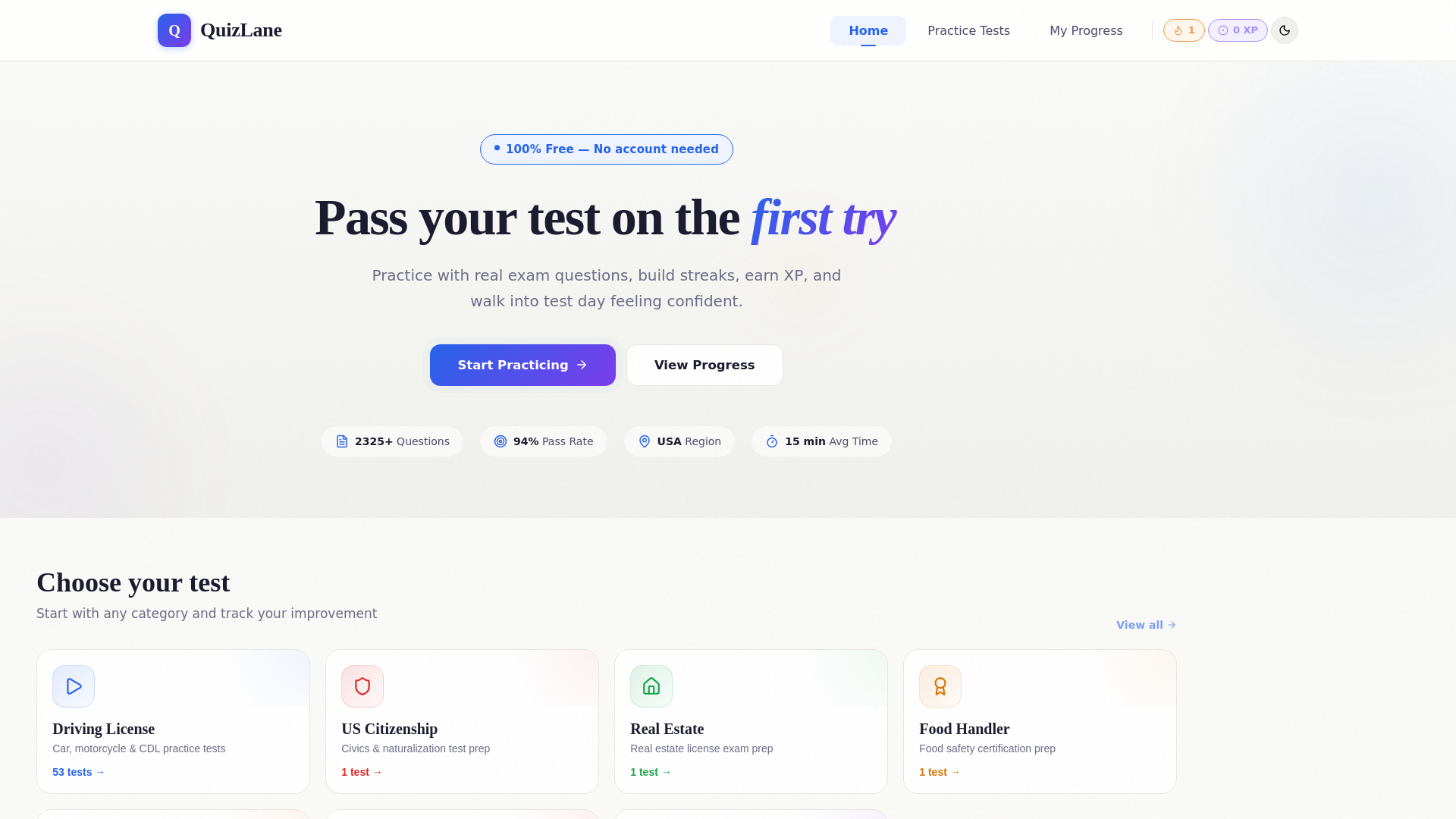 website screenshot of https://quizlane.org/