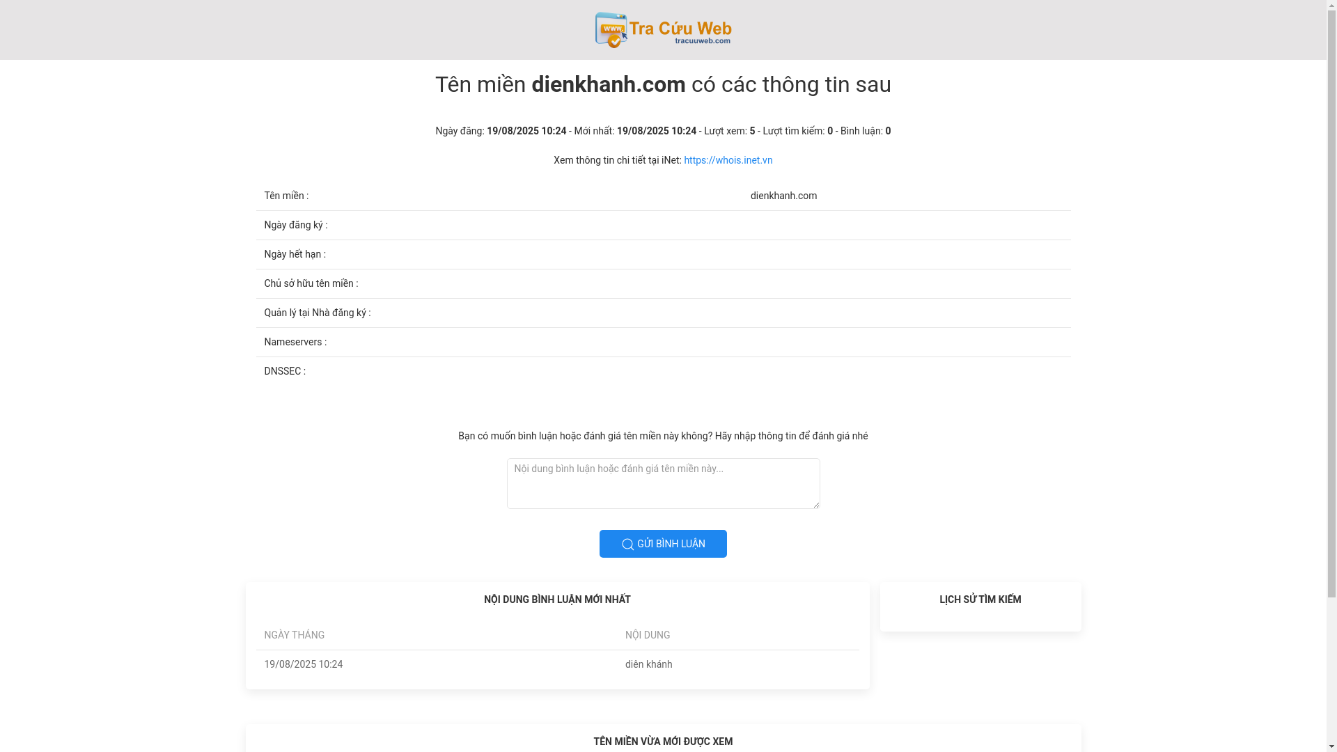 website screenshot of https://tracuuweb.com/dienkhanh.com