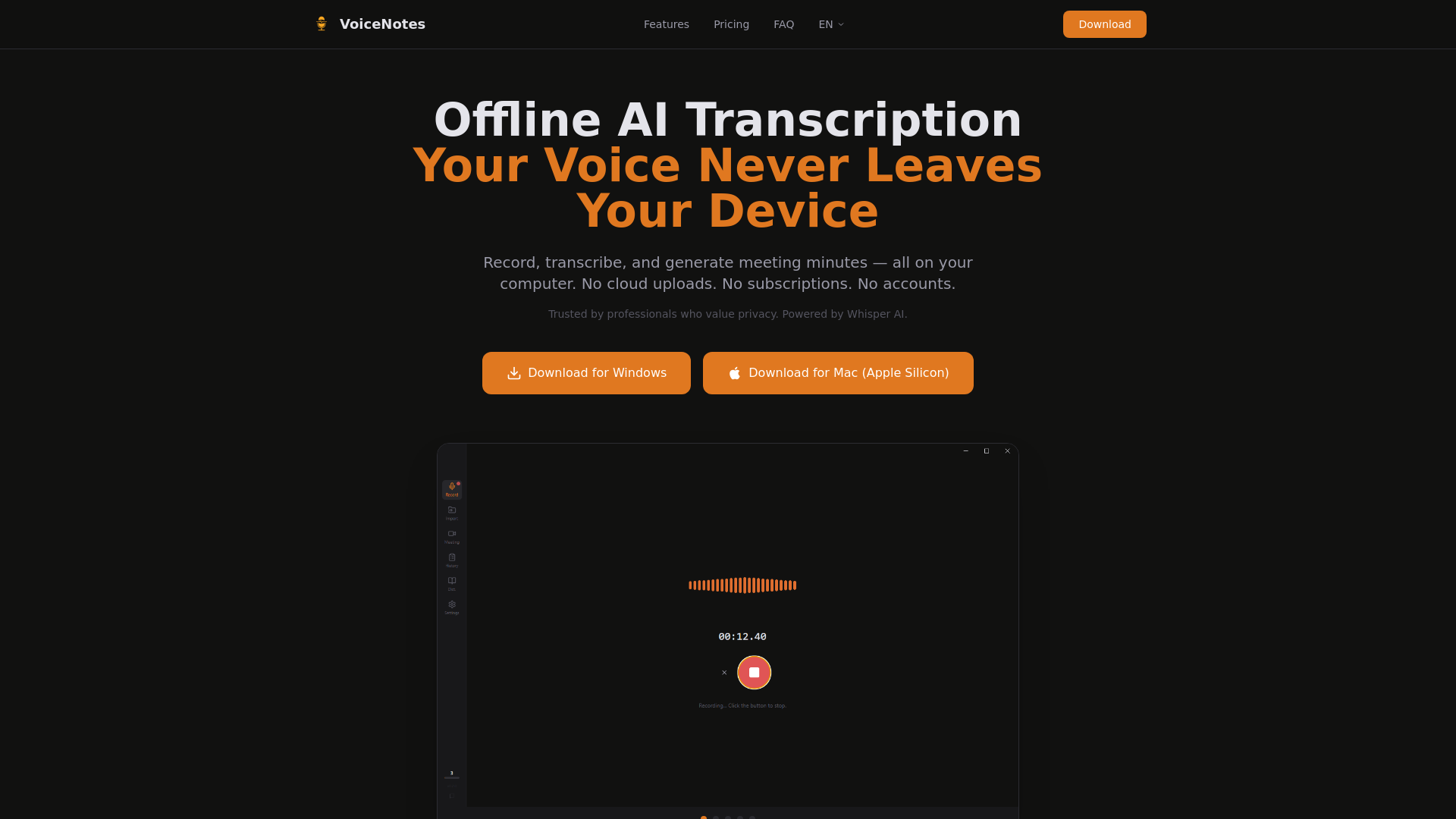 website screenshot of https://voice-notes.org/