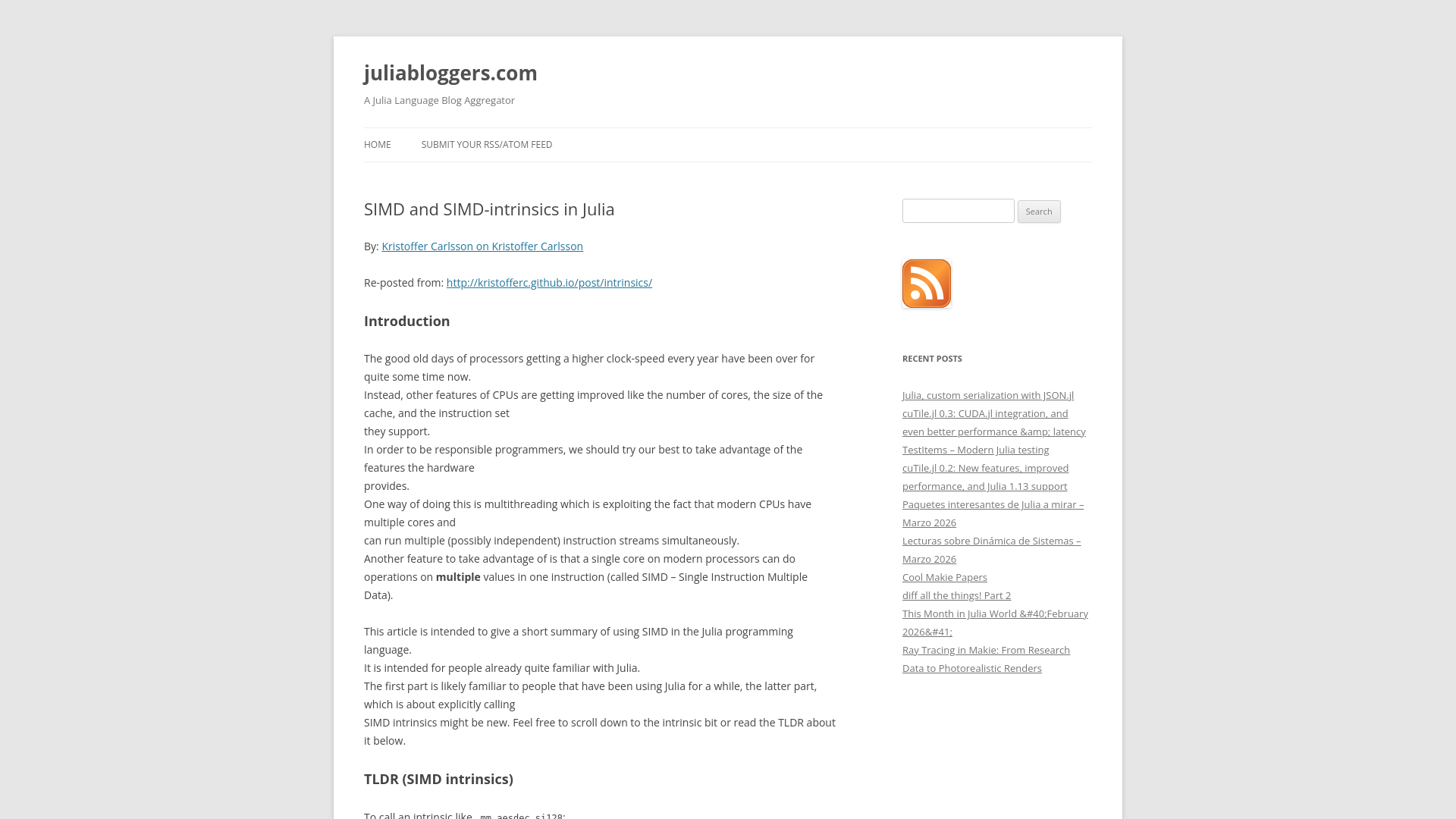 website screenshot of https://www.juliabloggers.com/simd-and-simd-intrinsics-in-julia/