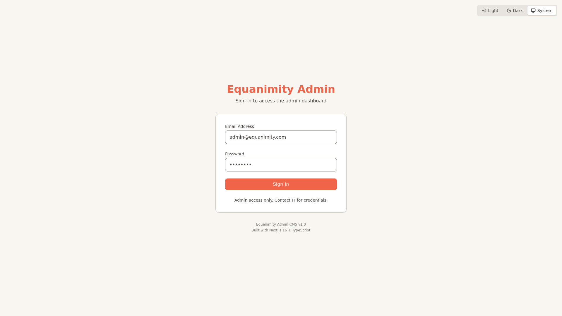 website screenshot of https://equanimity-admin-cms-staging.pages.dev/
