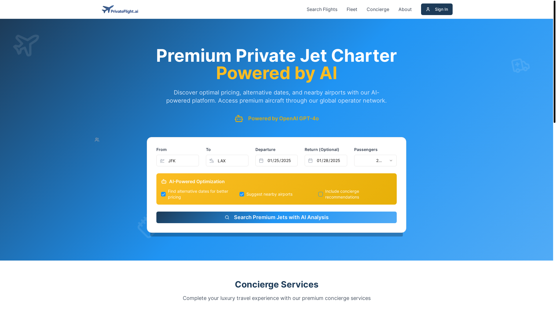 website screenshot of https://privateflight.ai/