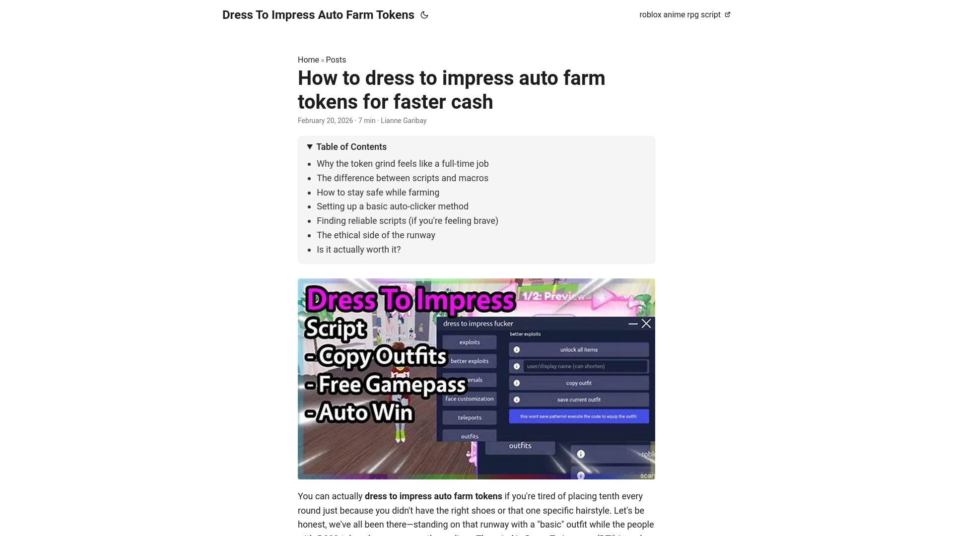 website screenshot of https://dress-to-impress-auto-farm-tokens.pages.dev/