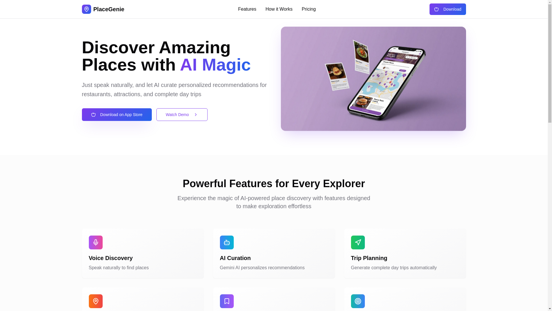 website screenshot of https://placegenie.app/