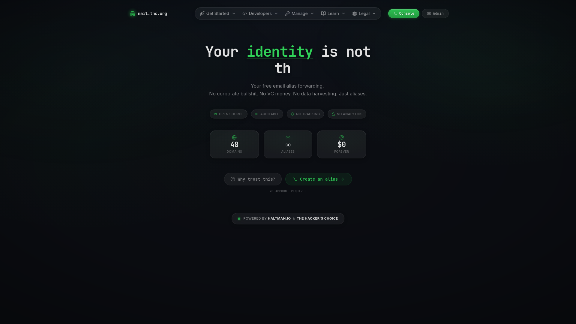 website screenshot of https://mail.thc.org/
