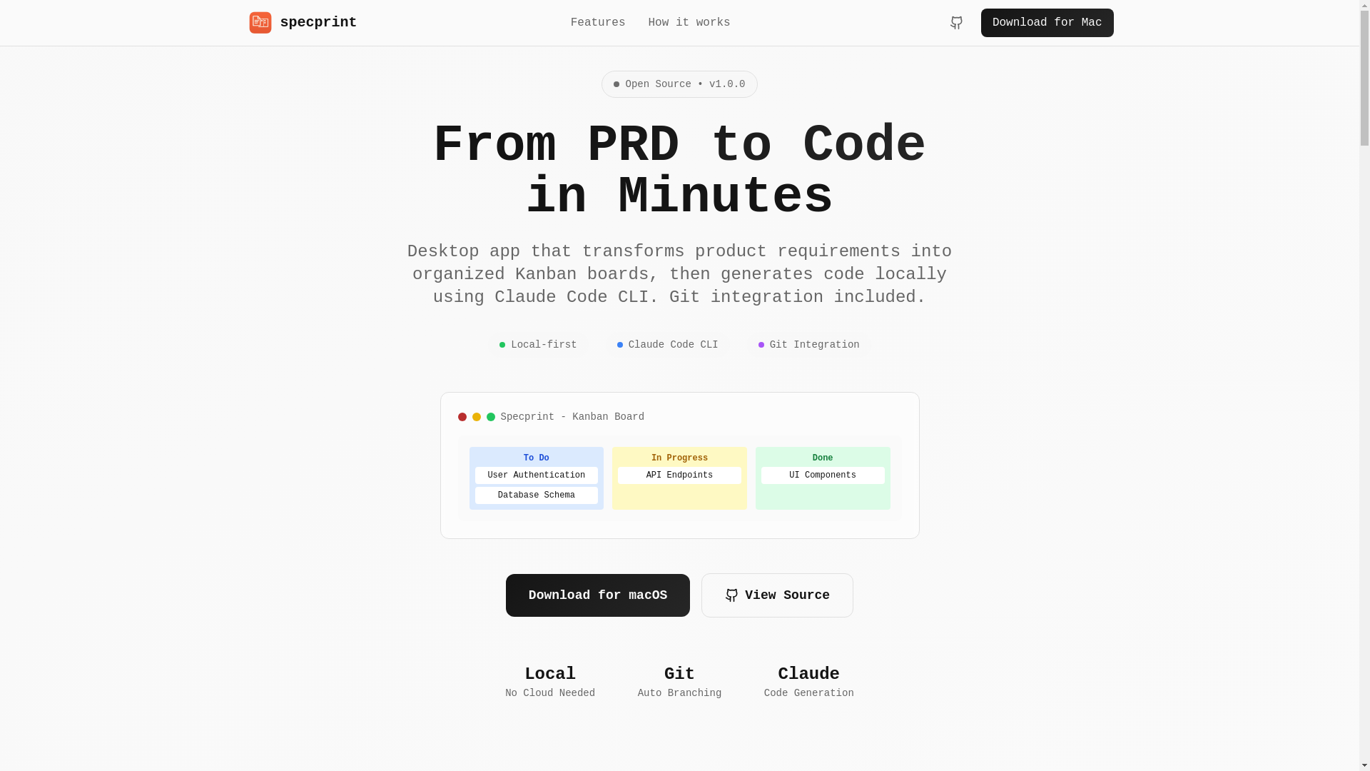 website screenshot of https://specprint.dev/