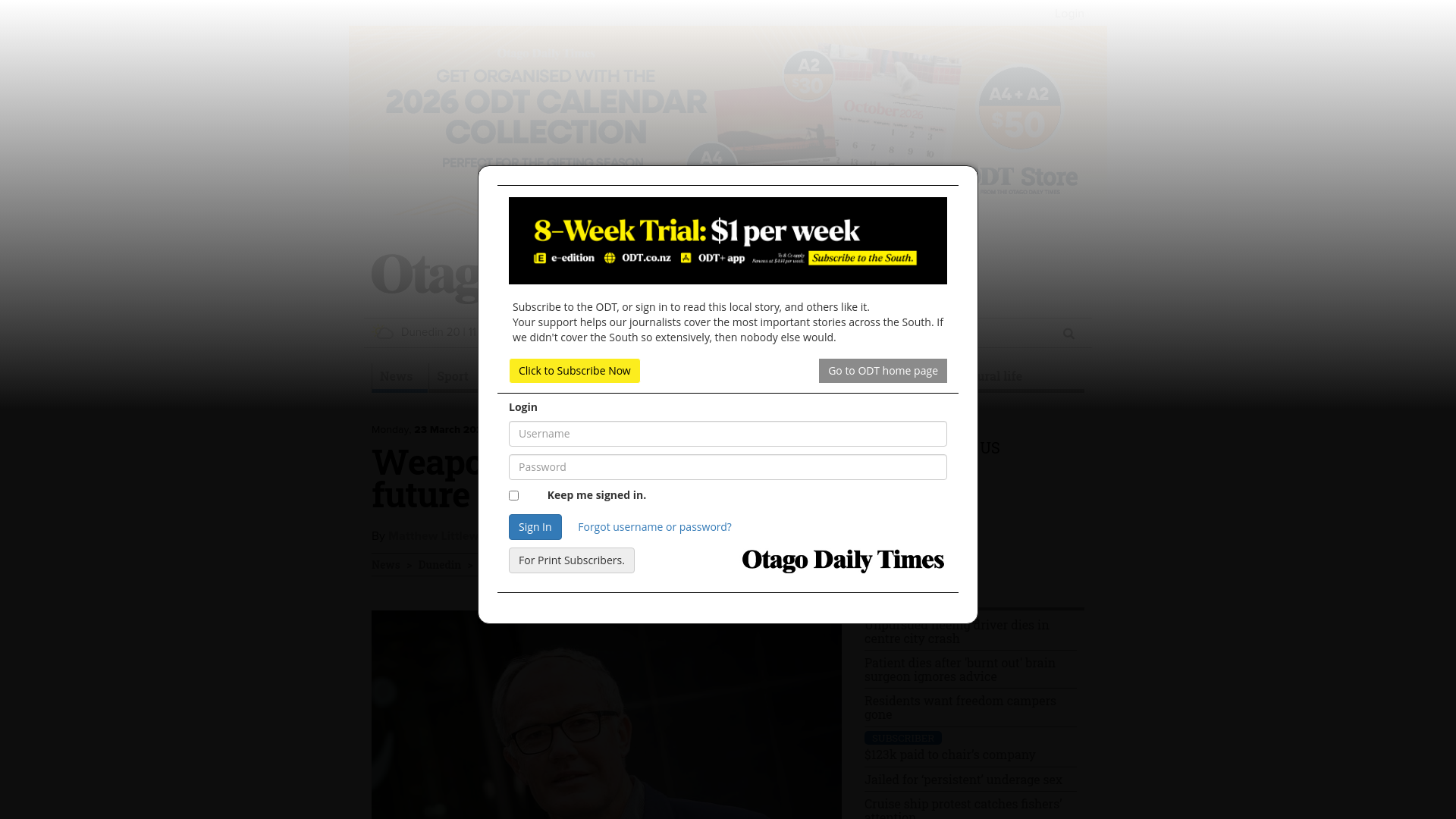 website screenshot of https://www.odt.co.nz/news/dunedin/campus/weapons-not-part-any-future-nzdf-contracts-uni