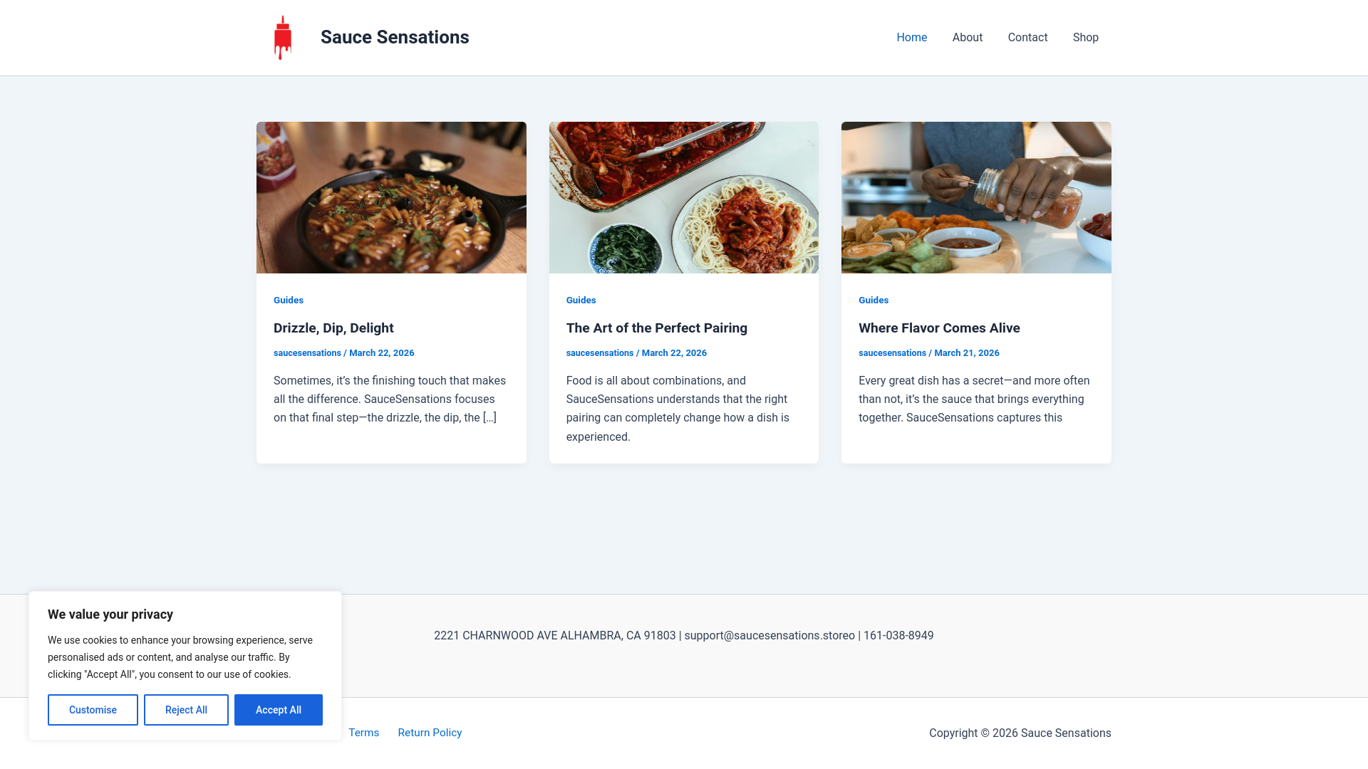 website screenshot of https://saucesensations.store/