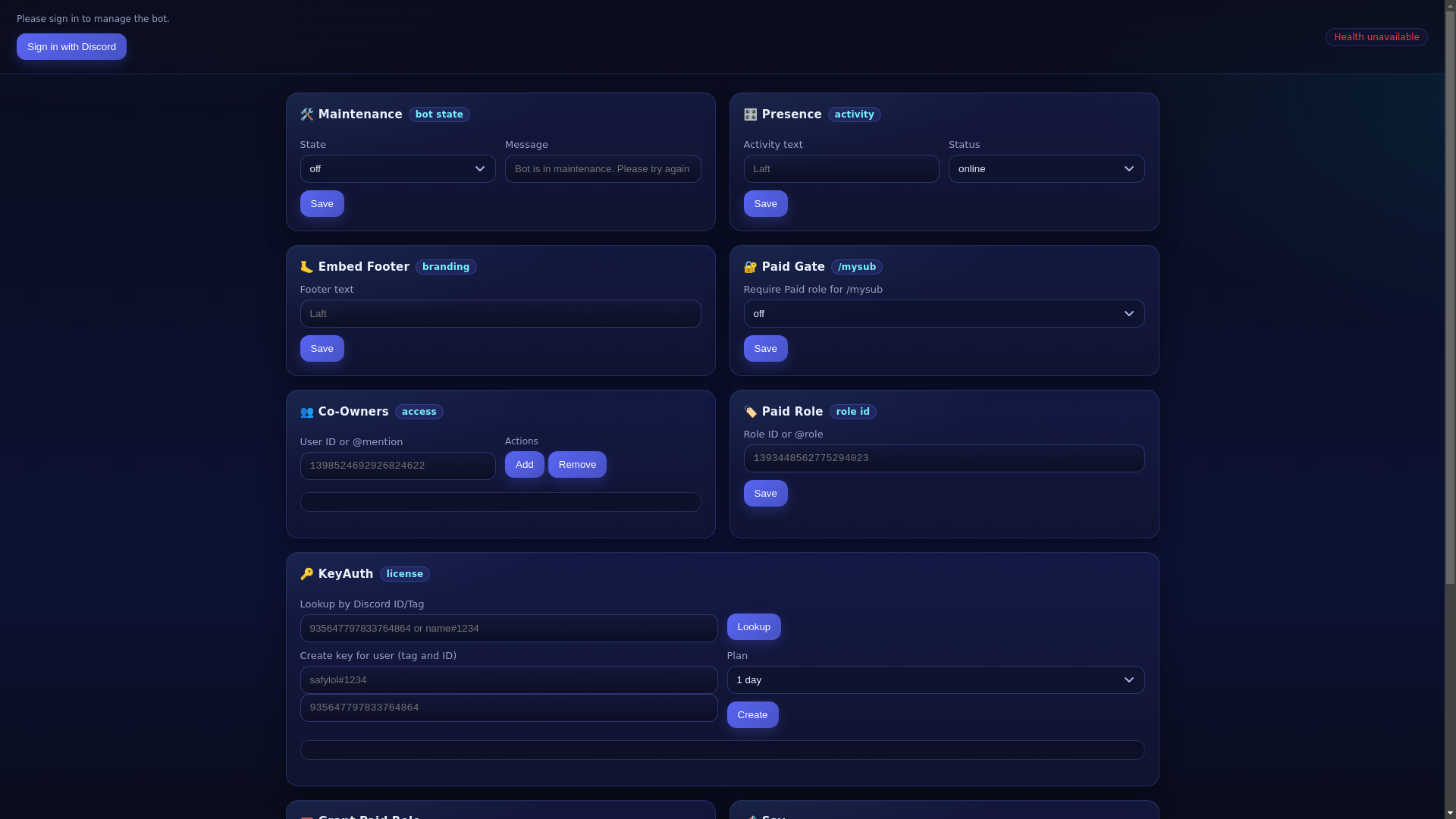 website screenshot of https://laftbotdashboard.live/