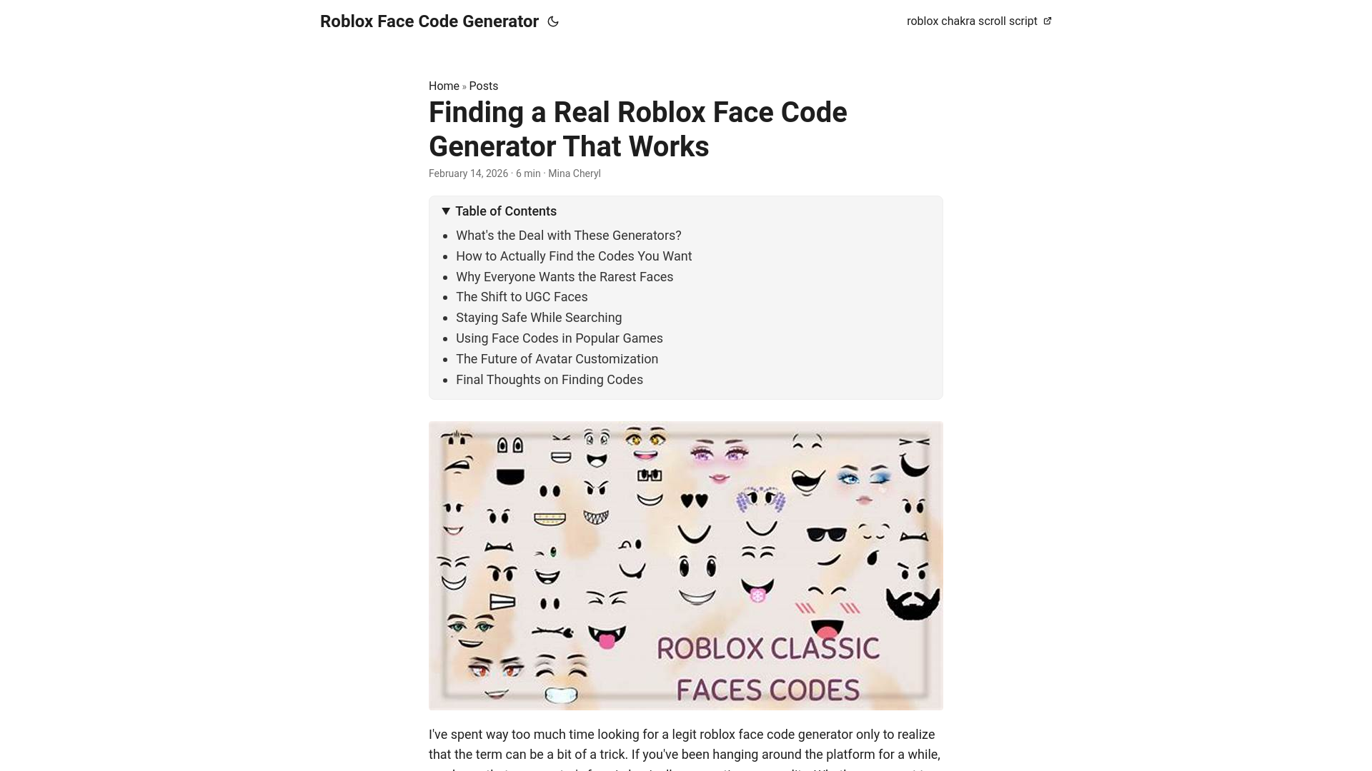 website screenshot of https://roblox-face-code-generator.pages.dev/