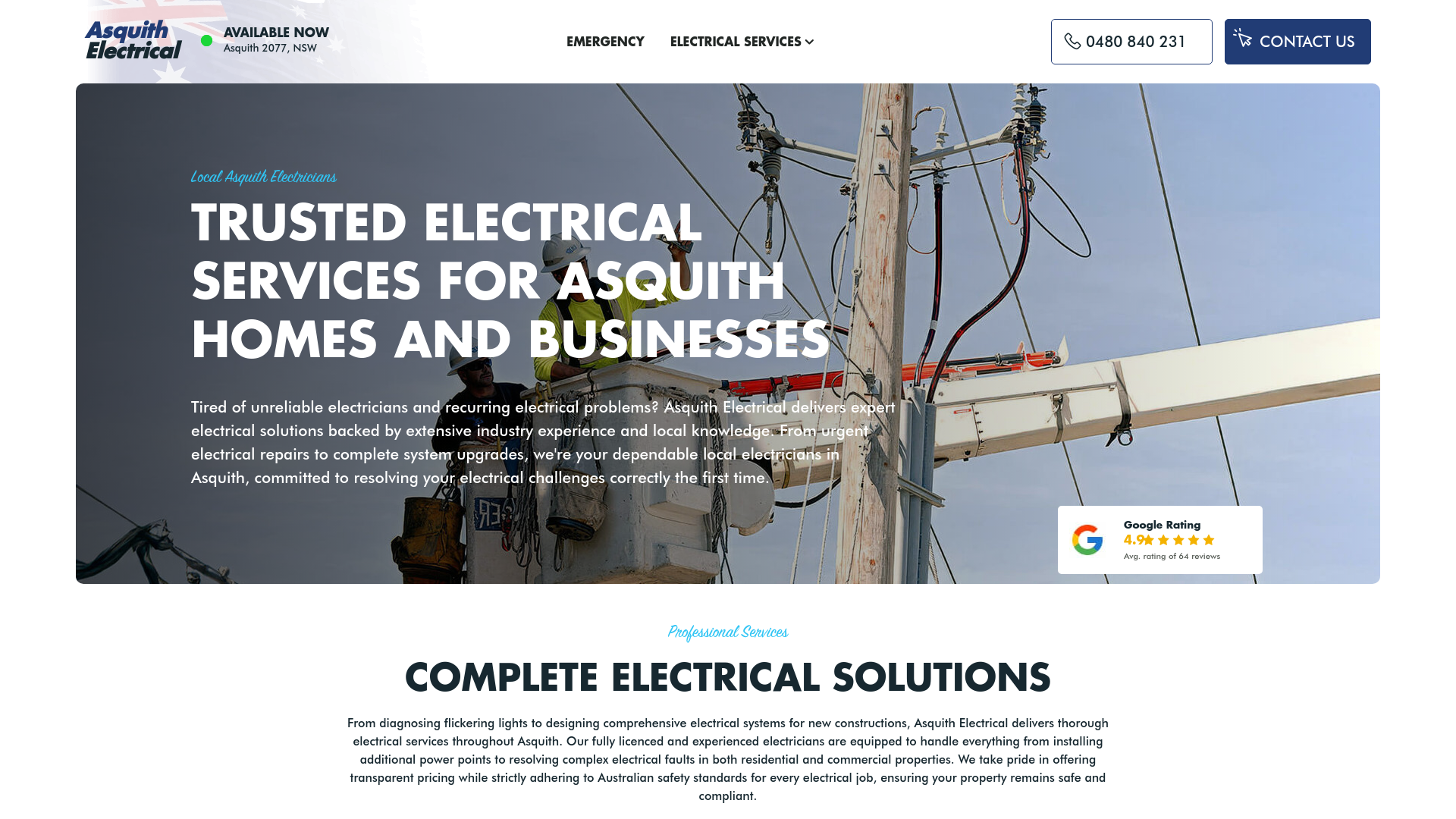 website screenshot of https://electricianasquith.com.au