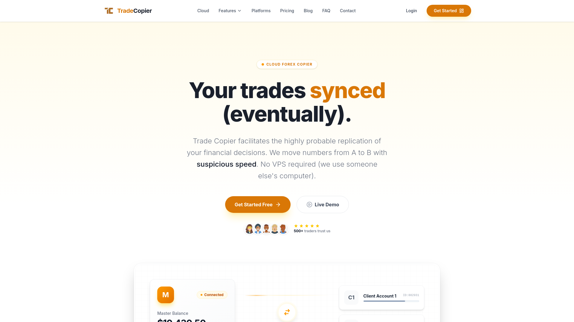 website screenshot of https://tradecopier.org