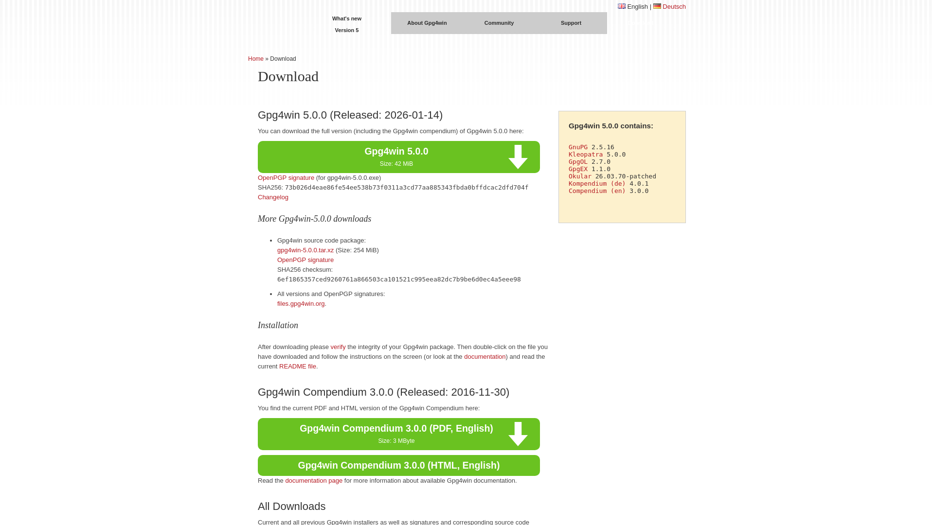 website screenshot of https://www.gpg4win.org/download.html