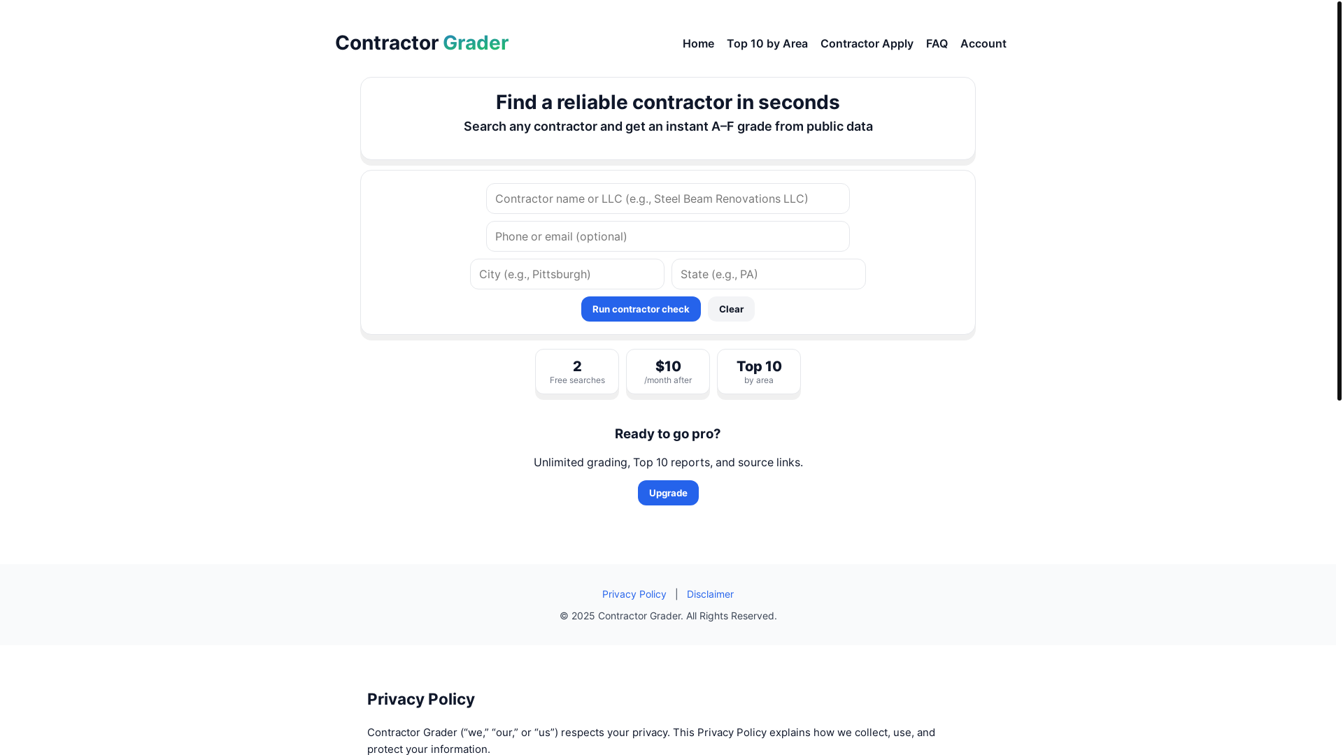 website screenshot of https://contractorgrader.com/