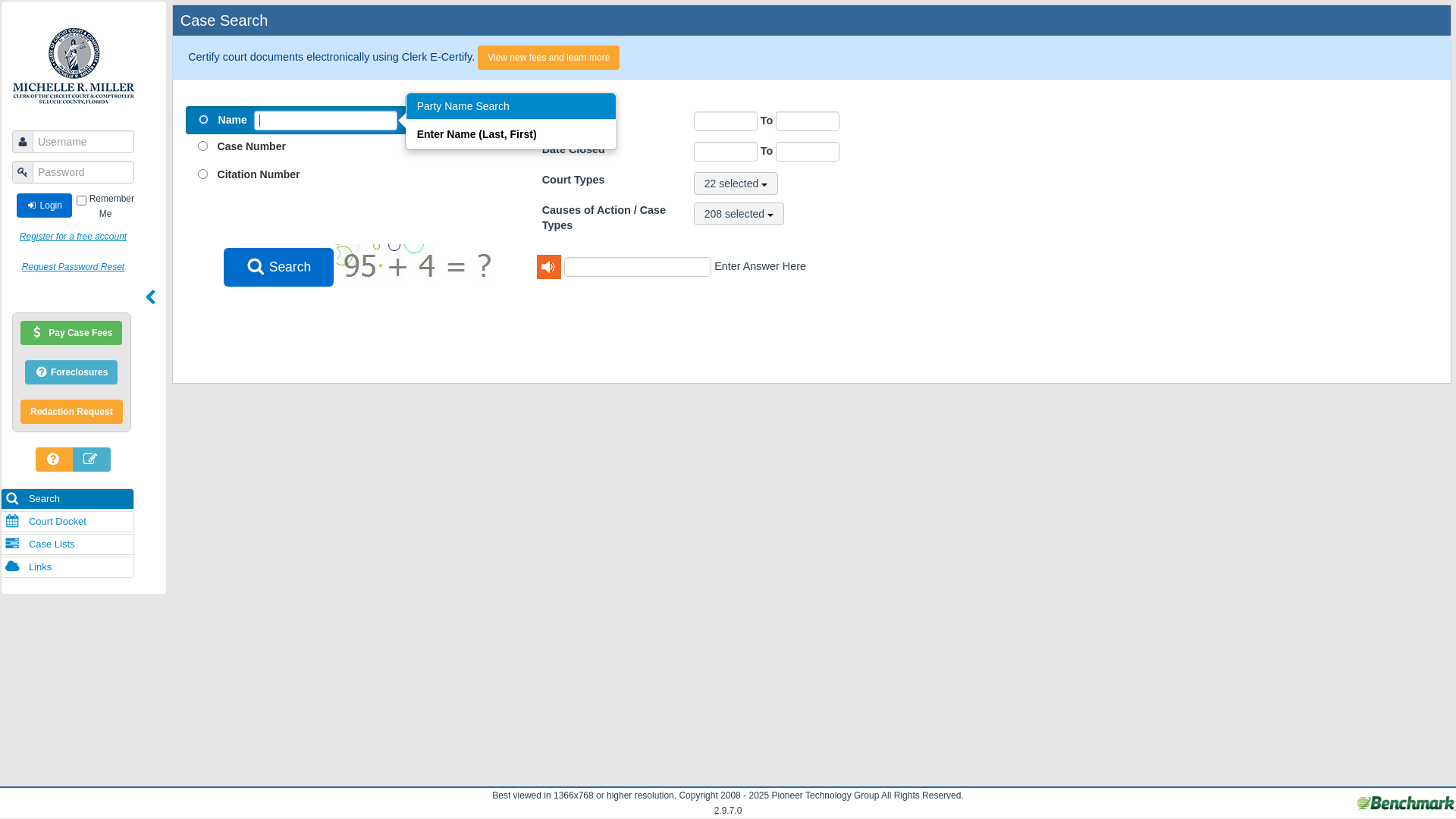 website screenshot of https://courtcasesearch.stlucieclerk.gov/BenchmarkWebExternal/Home.aspx/Search