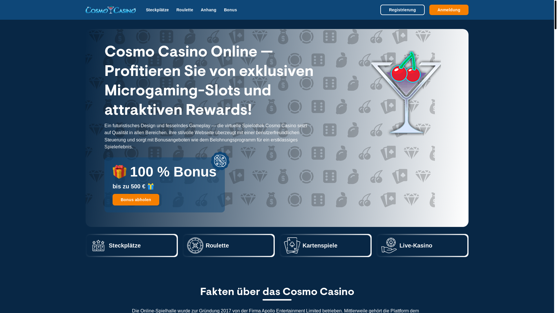 website screenshot of https://cosmokasino.de/