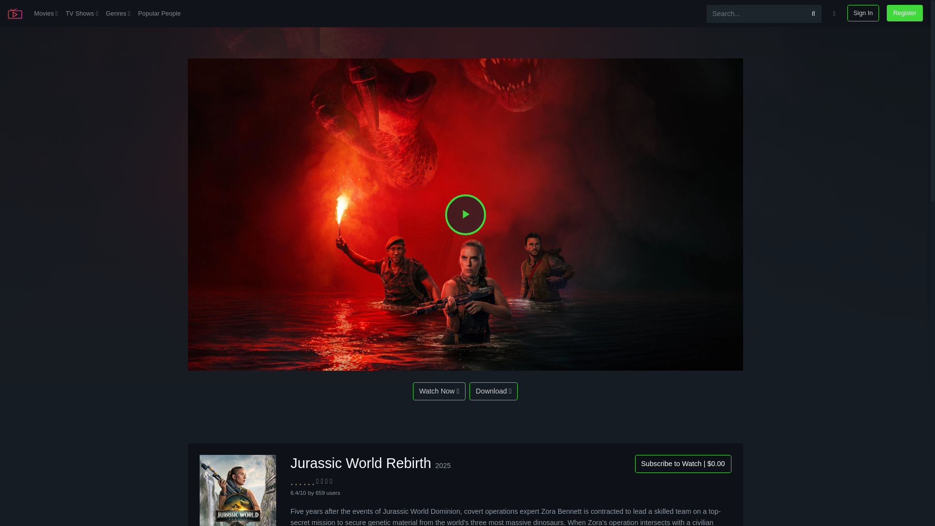 website screenshot of https://streamovie.xyz/en/movie/1234821/jurassic-world-rebirth-scs1