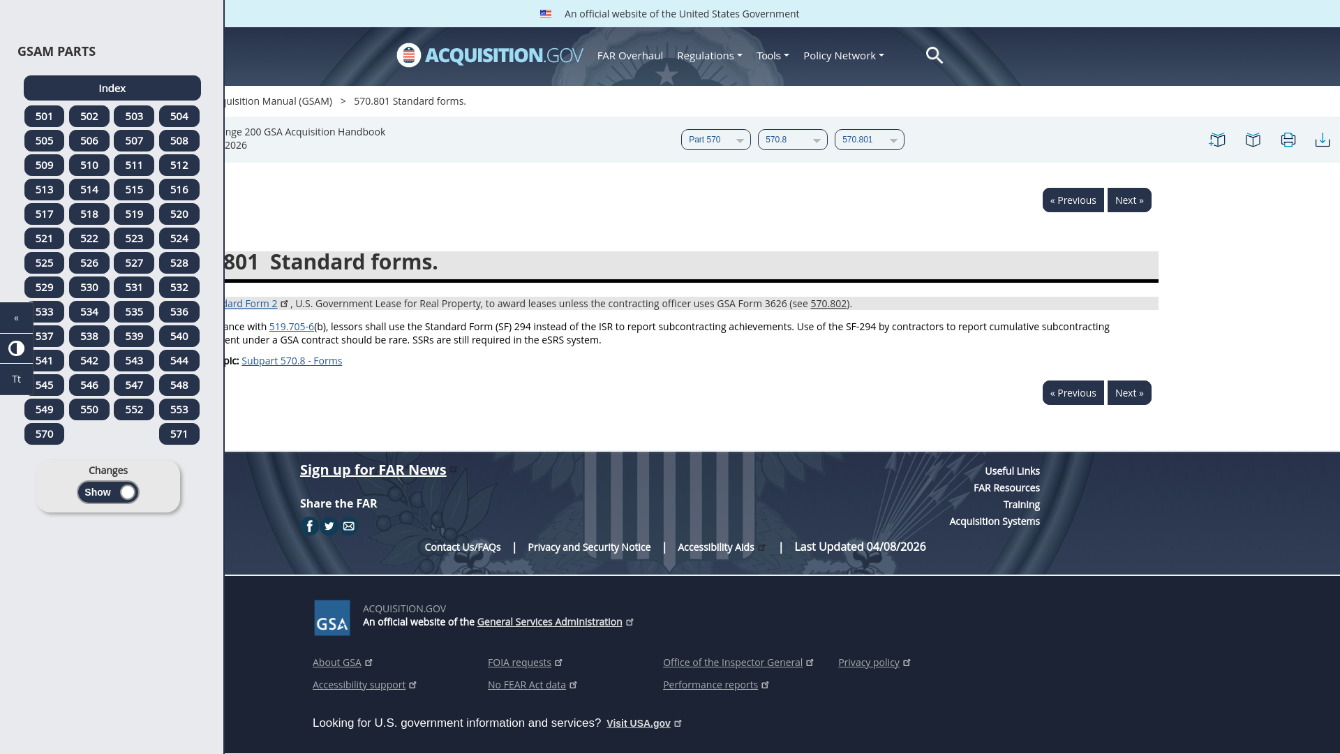website screenshot of https://www.acquisition.gov/gsam/570.801#GSAM_570_801