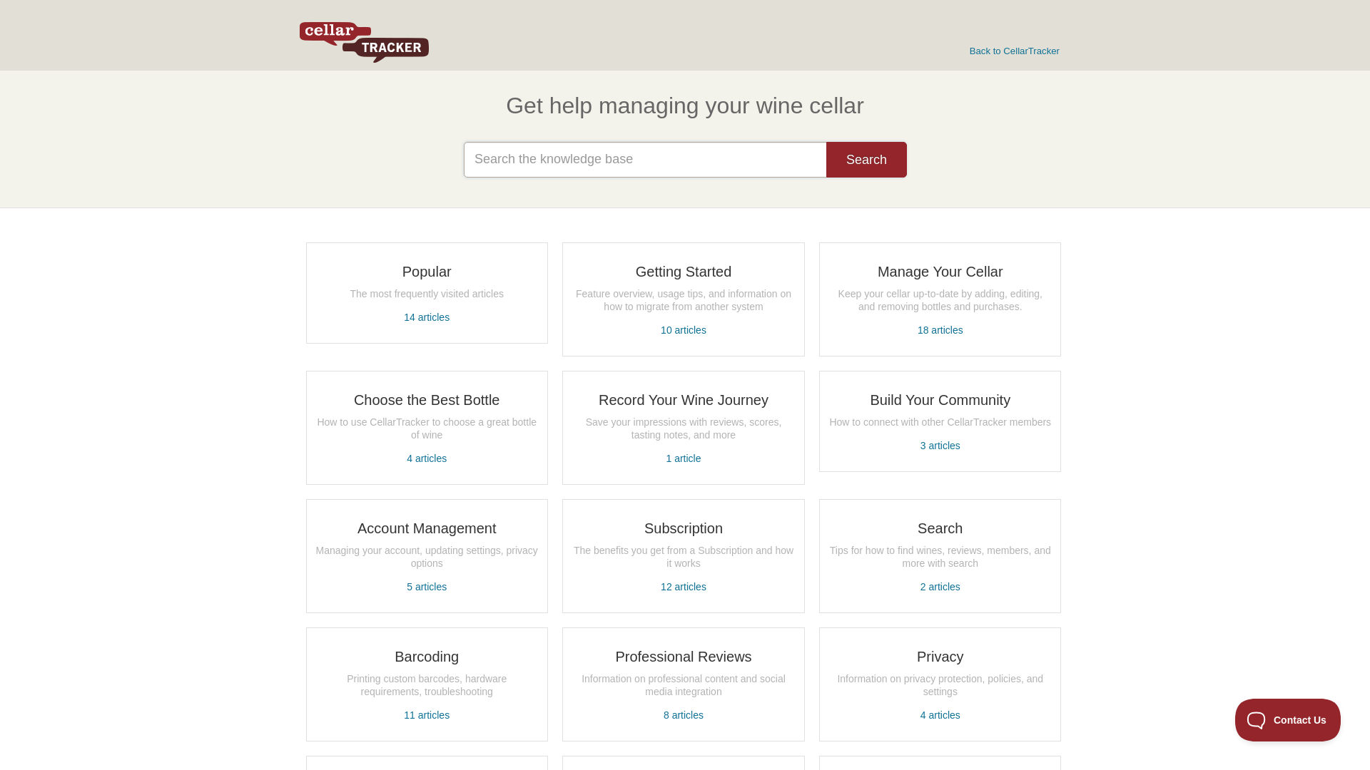 website screenshot of https://support.cellartracker.com/