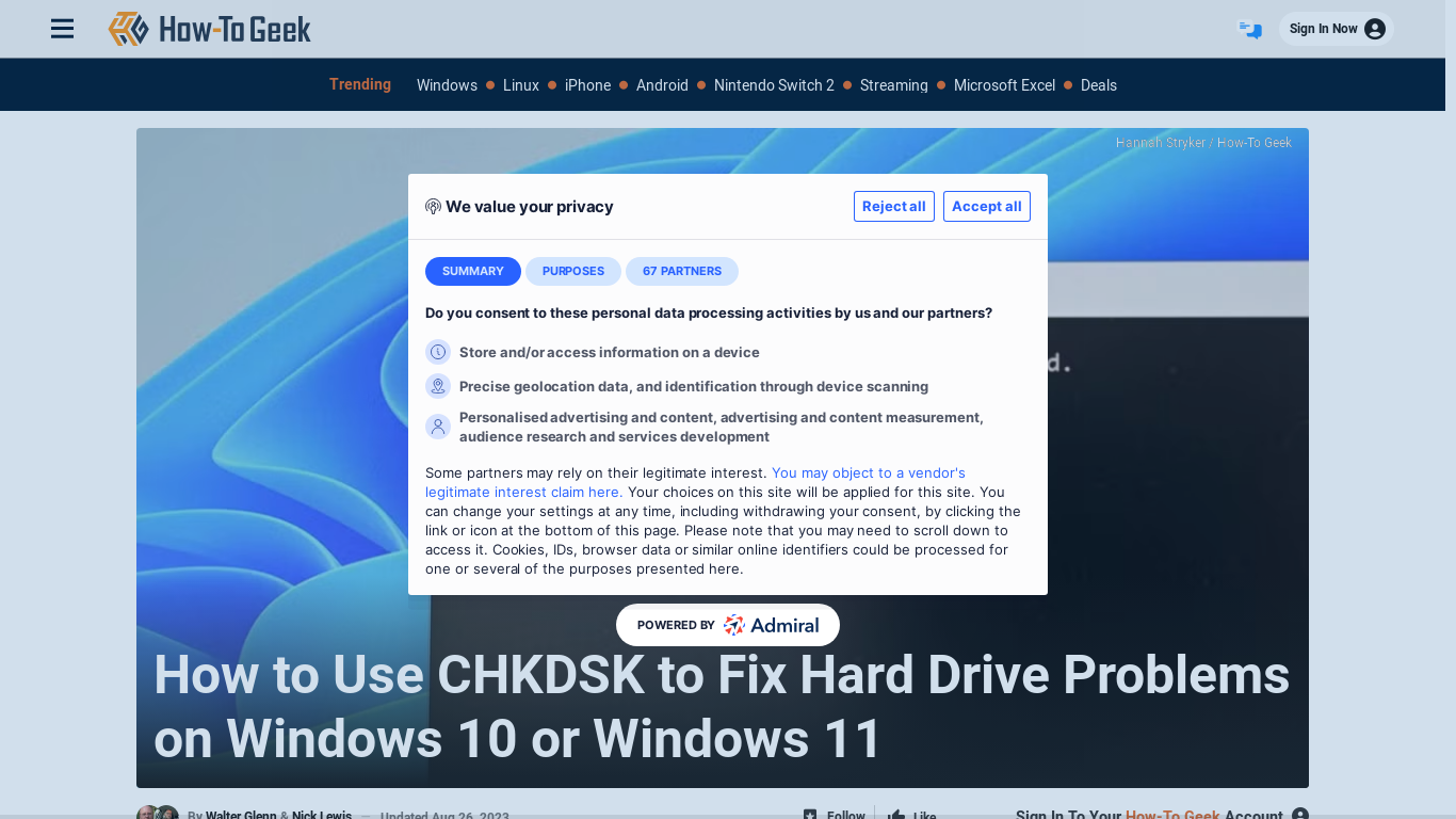 website screenshot of https://www.howtogeek.com/1033/how-to-use-chkdsk-on-windows/#:~:text=The%20%EE%80%80Check%20Disk%EE%80%81%20utility,
