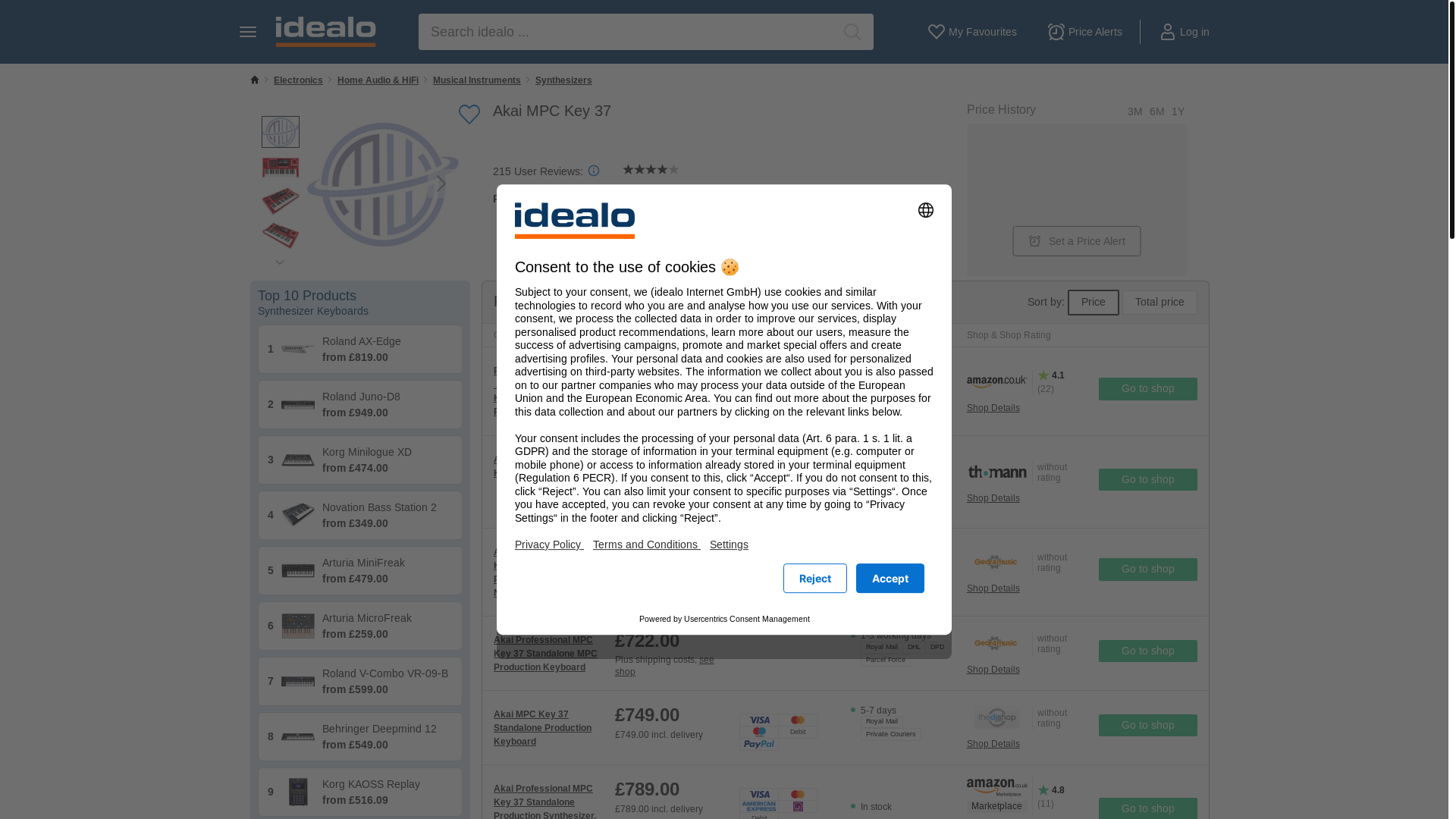 website screenshot of https://www.idealo.co.uk/compare/203843843/akai-mpc-key-37.html