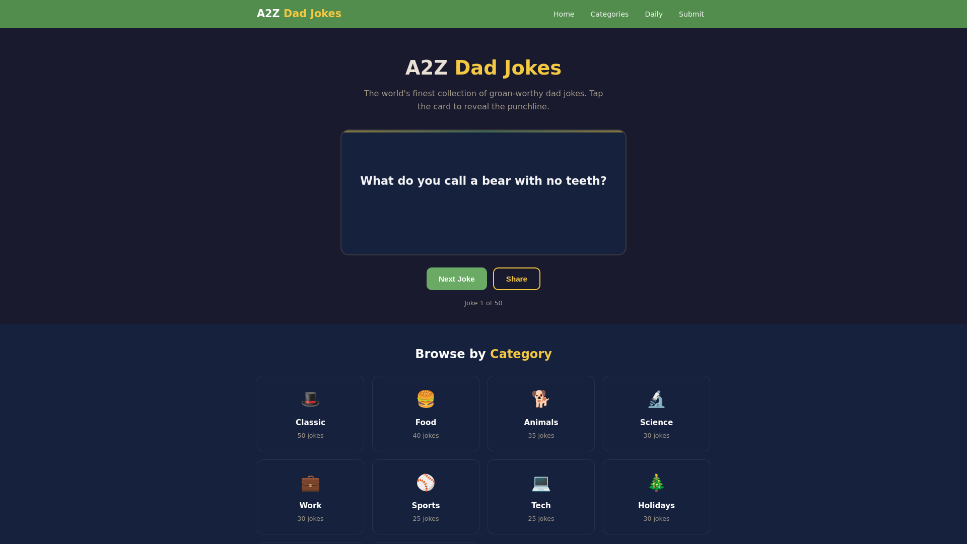 website screenshot of https://a2zdadjokes.com