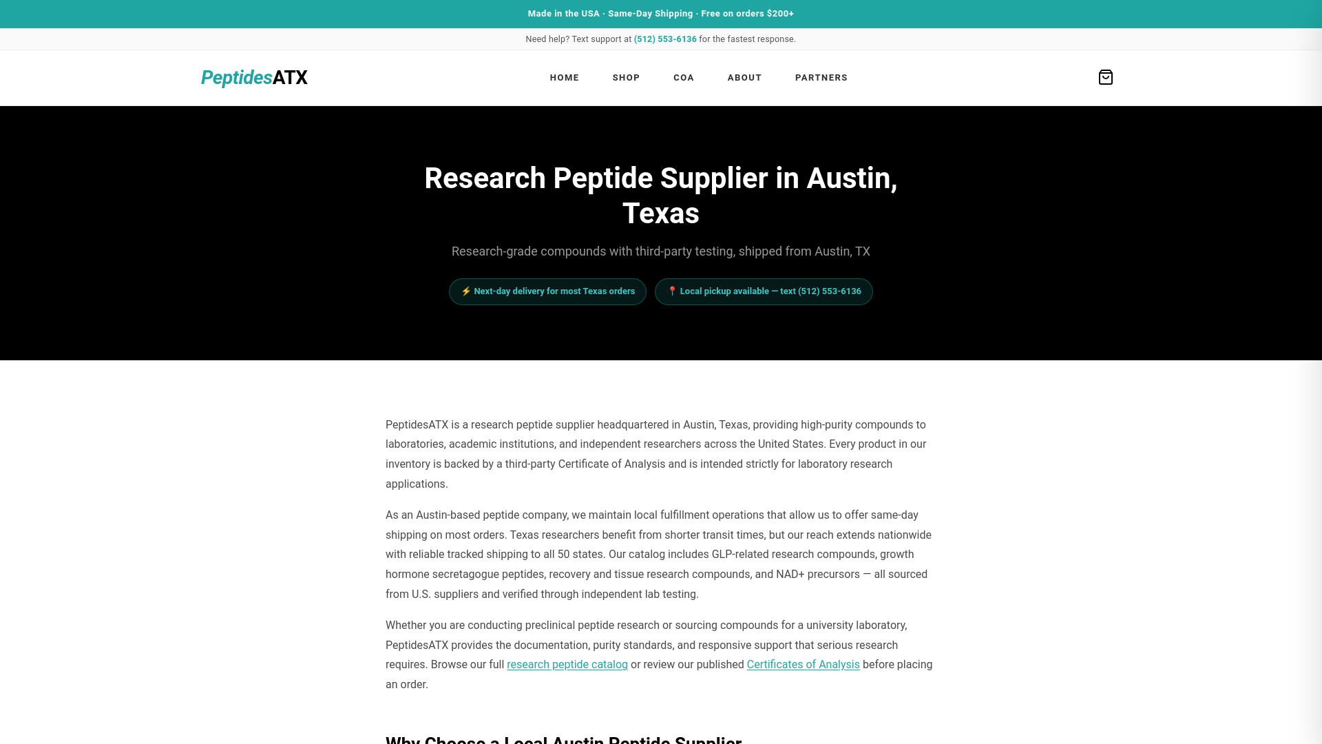 website screenshot of https://peptideaustin.com/
