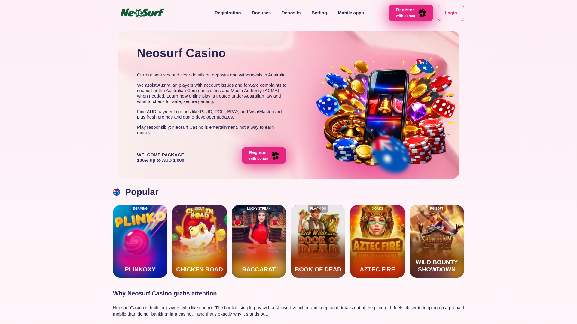 website screenshot of https://neosurf-casinoau.com