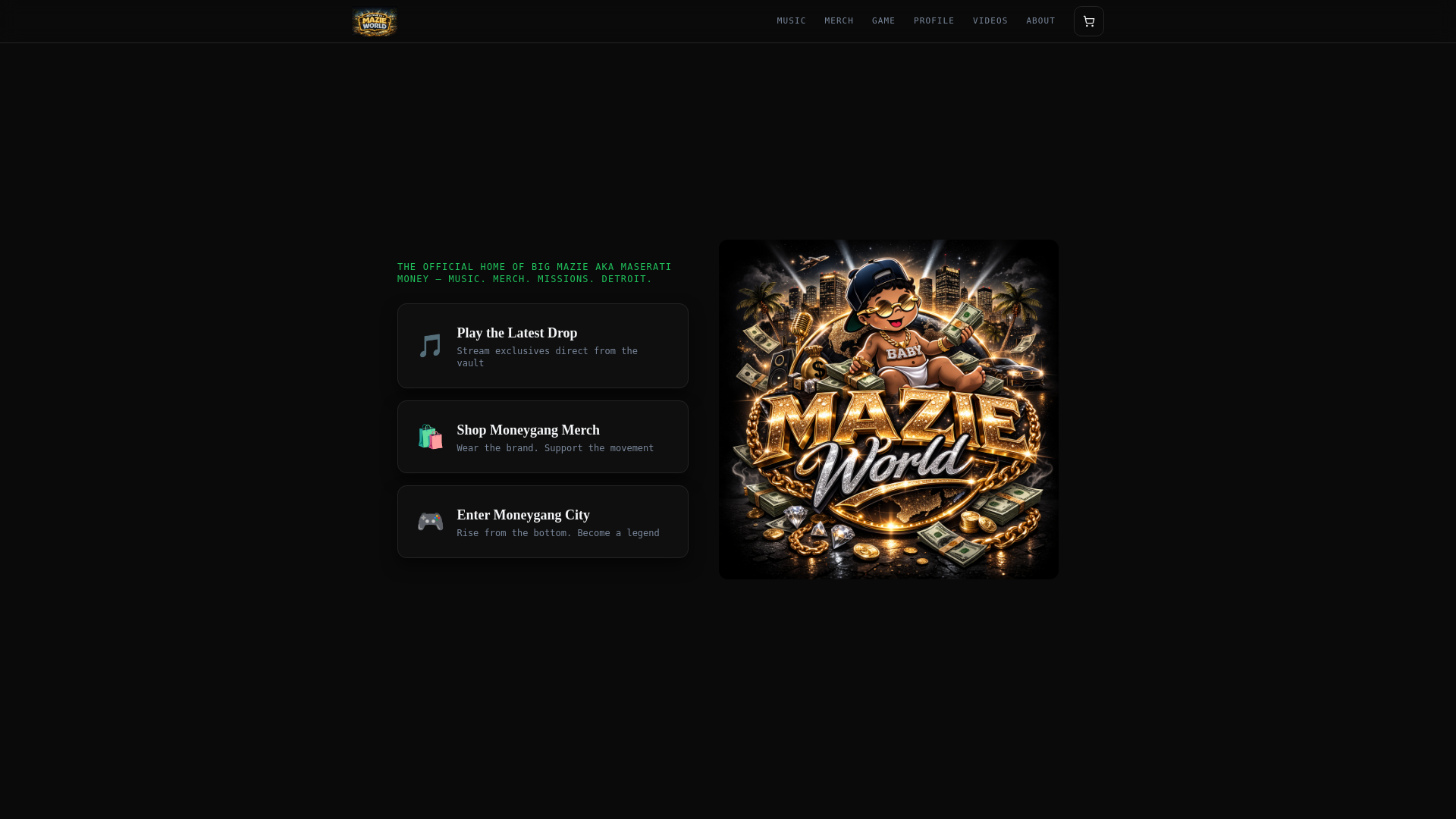 website screenshot of https://mazieworld.com/