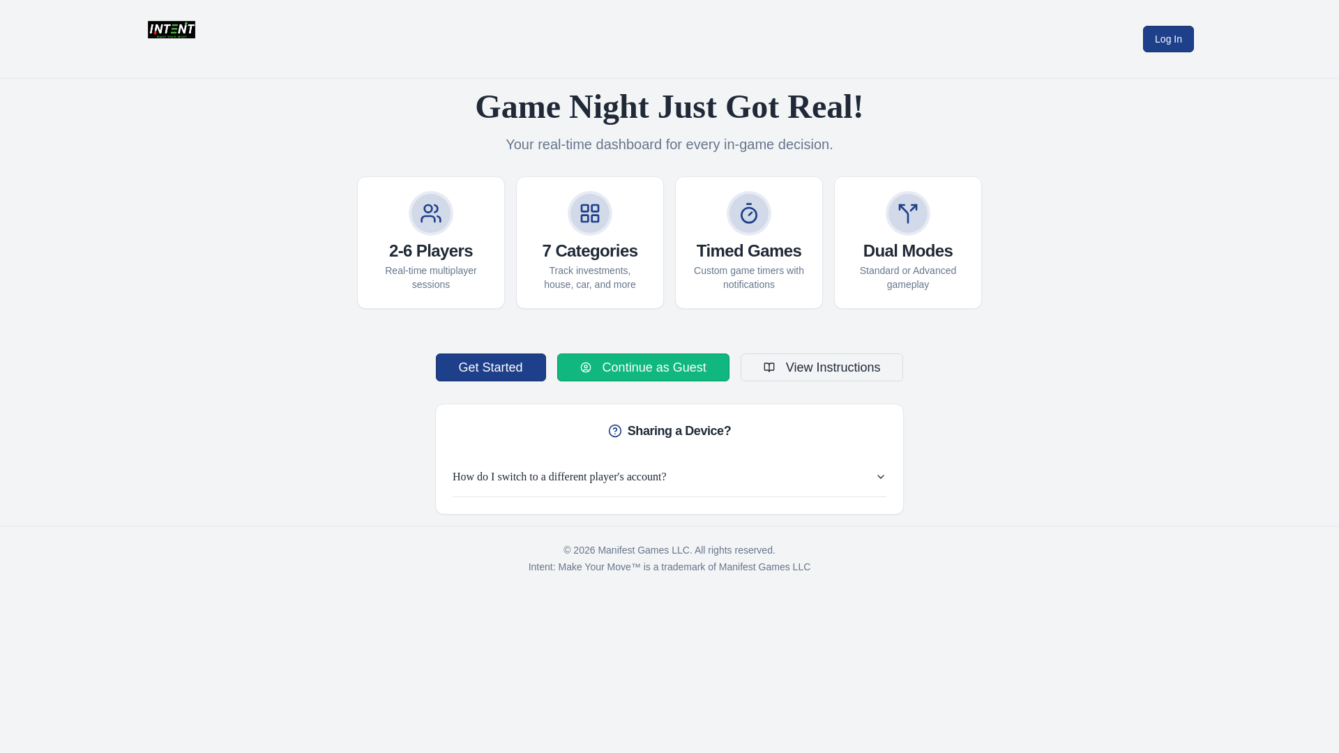 website screenshot of https://intentgameledger.com/