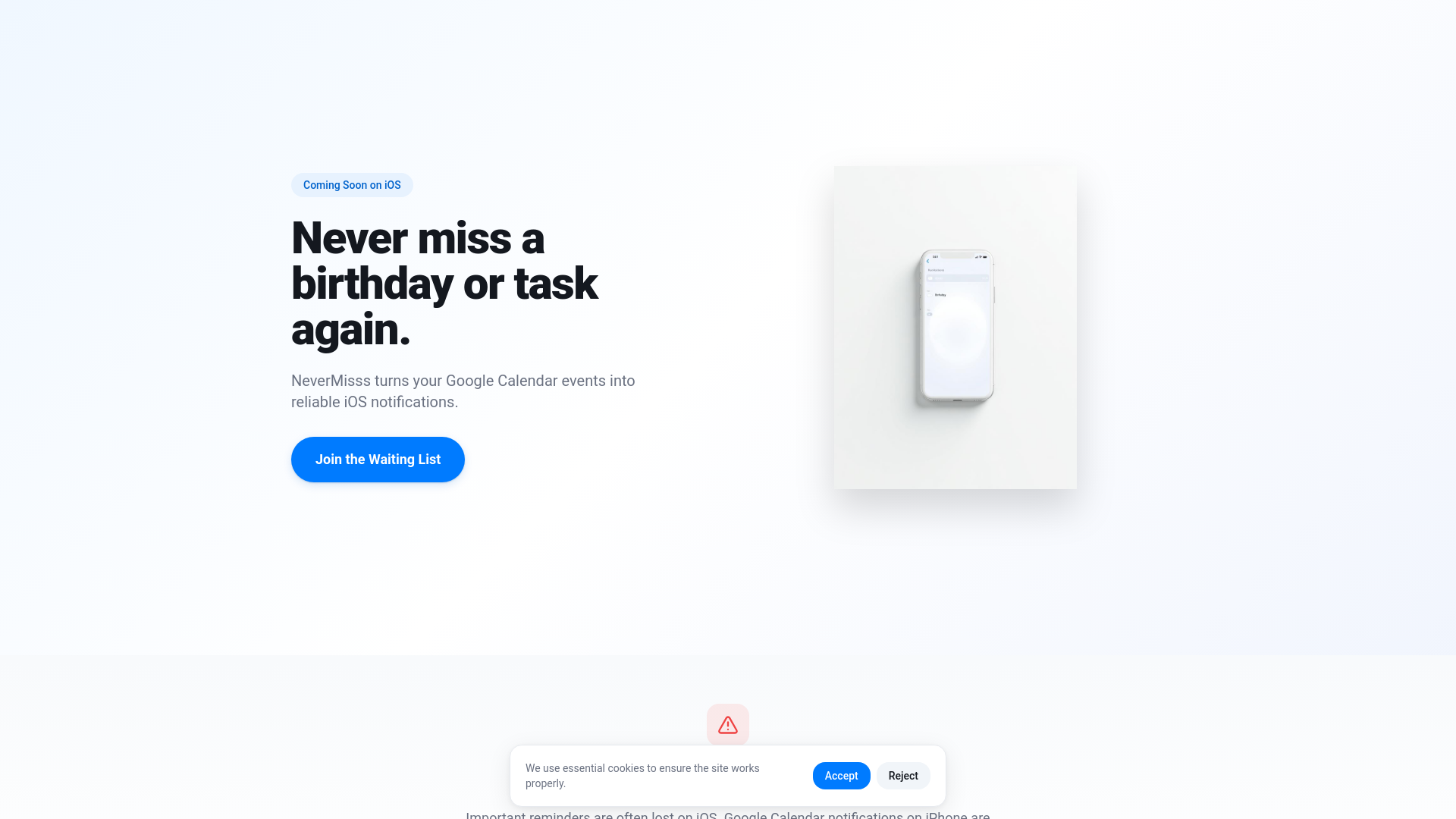 website screenshot of https://nevermisss.cloud/