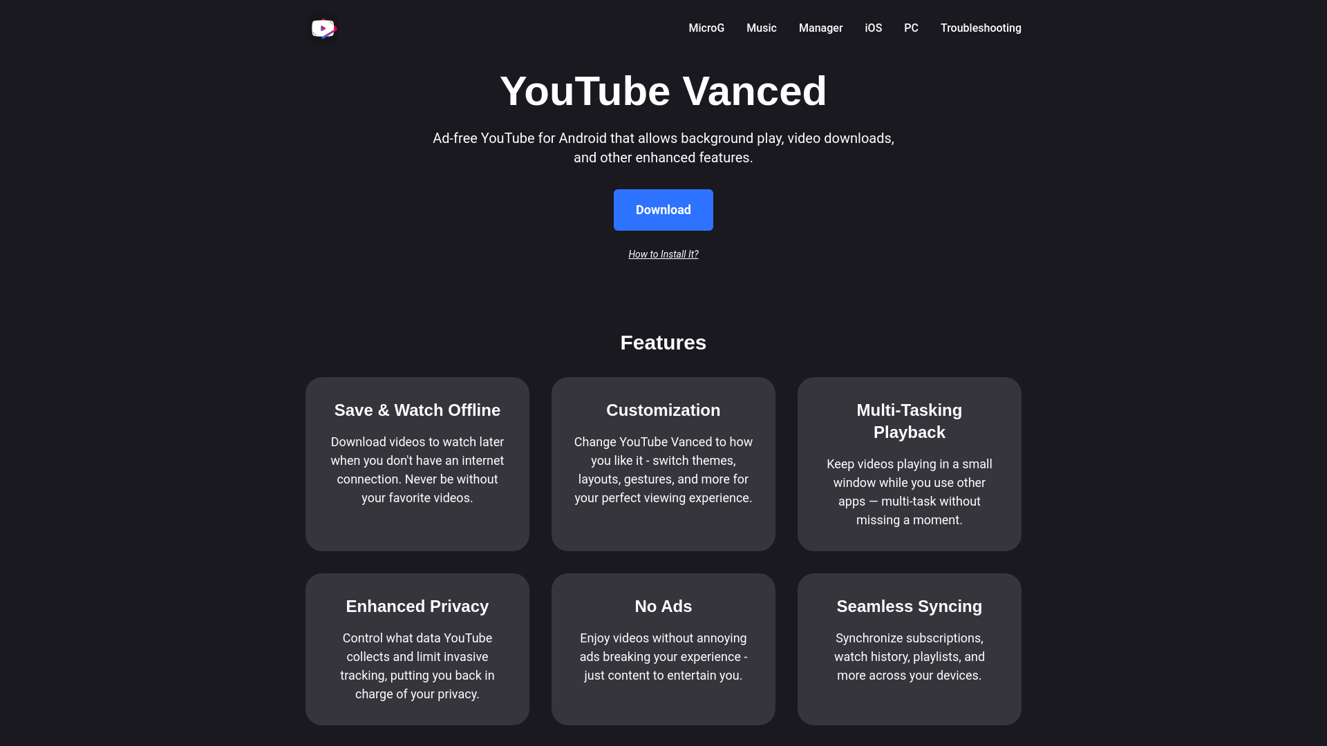 website screenshot of https://youtubevanced.gg