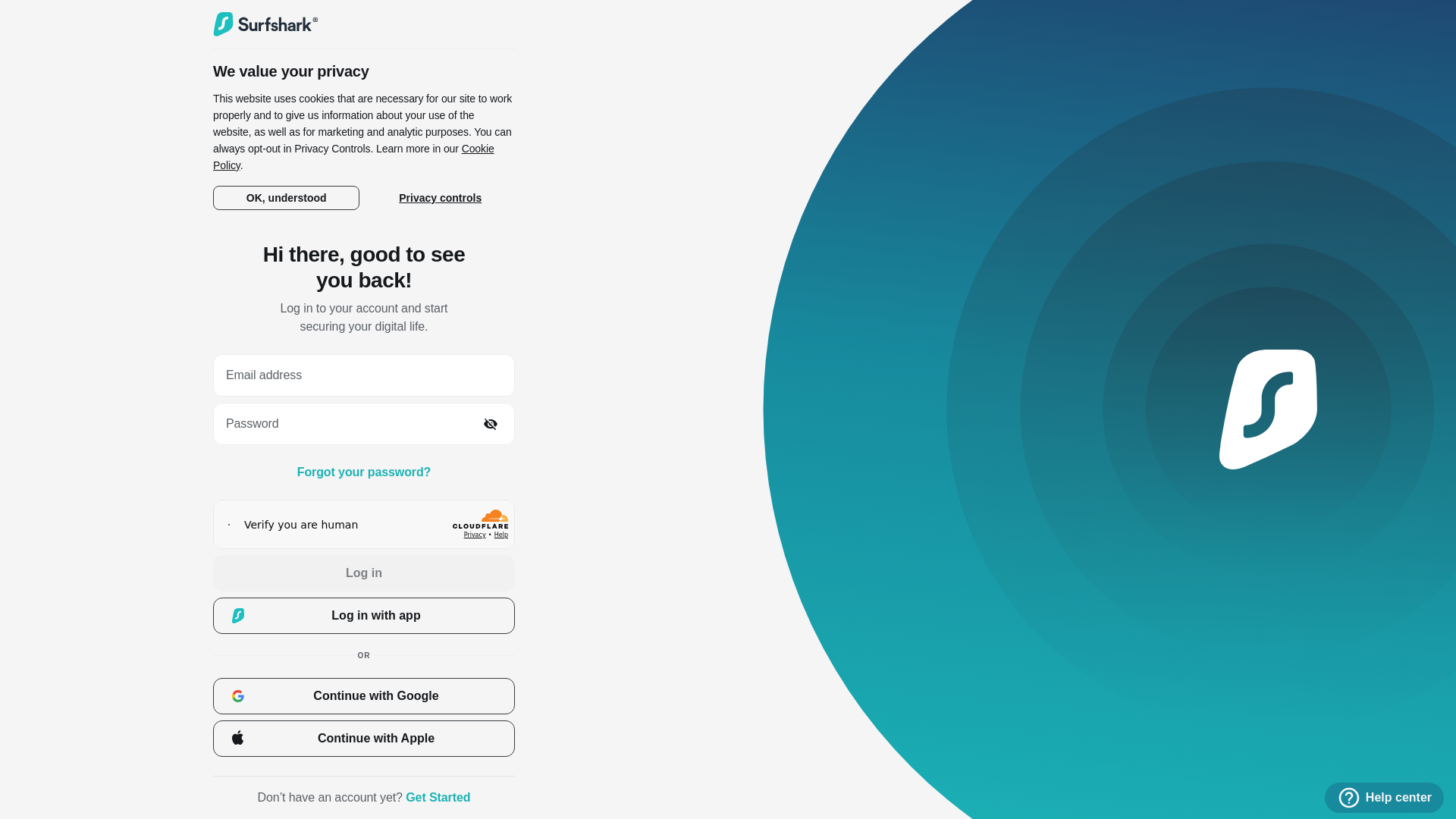 website screenshot of https://my.surfshark.com/auth/login