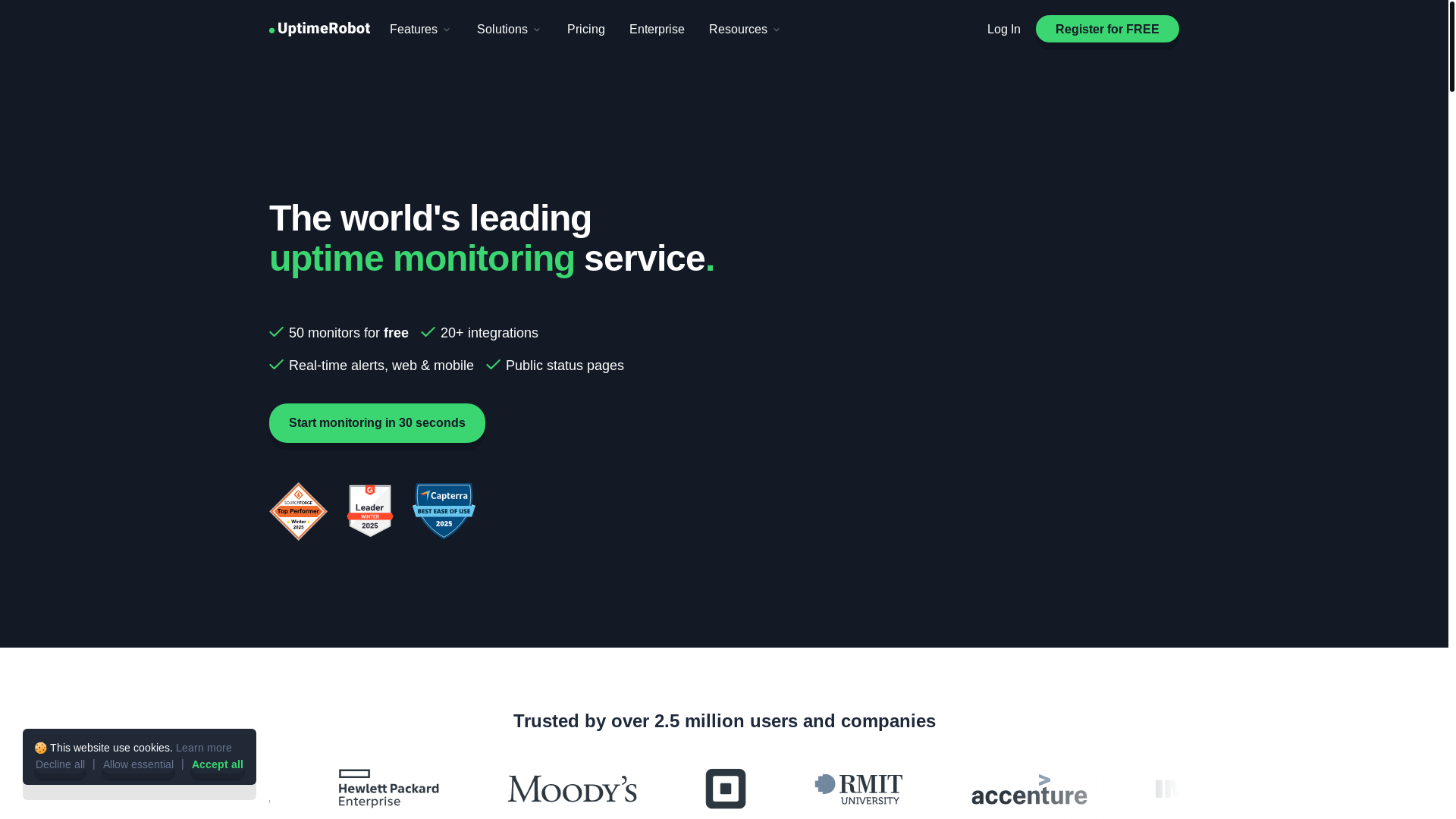 website screenshot of https://uptimerobot.com/